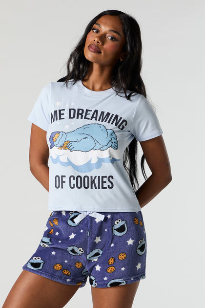 Ensemble-pyjama 2 pièces avec t-shirt à imprimé Cookie Monster et short pelucheux