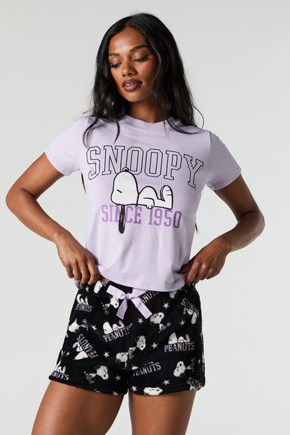 Ensemble-pyjama 2 pièces avec t-shirt à imprimé Snoopy et short pelucheux