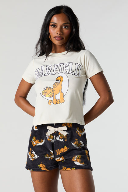 Ensemble-pyjama 2 pièces avec t-shirt à imprimé Garfield et short pelucheux