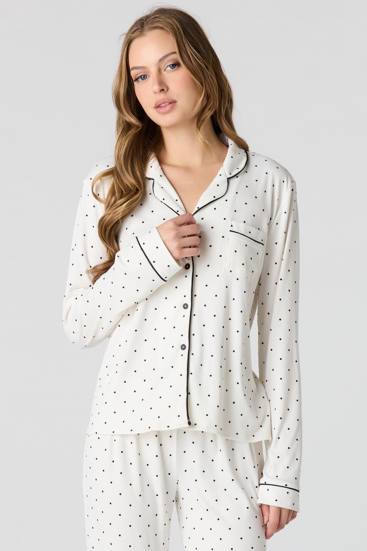 Alt View 2. Soft Ribbed Button-Up Top & Pant Pajama Set - Cream