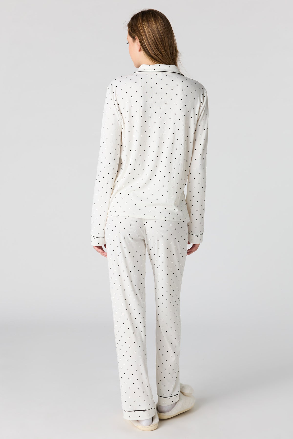 Alt View 4. Soft Ribbed Button-Up Top & Pant Pajama Set - Cream
