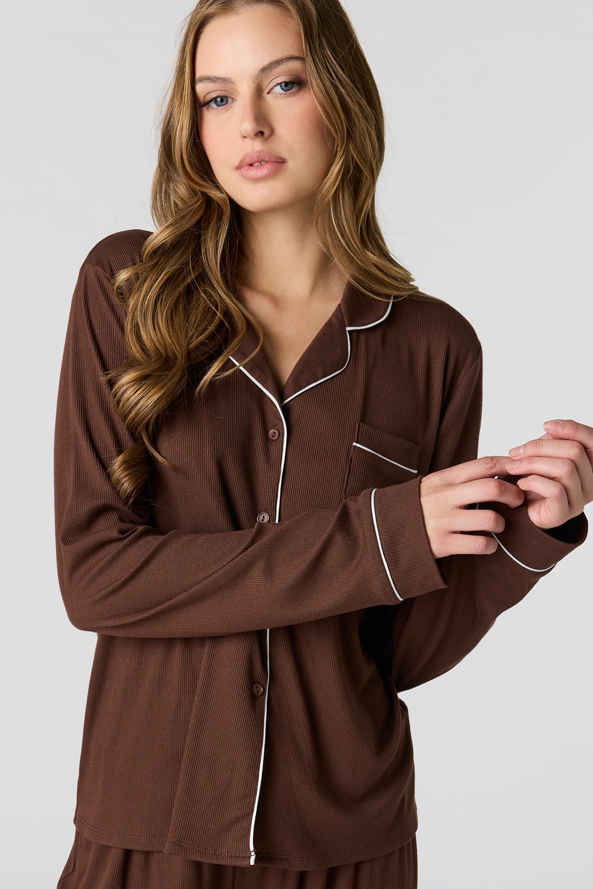 Alt View 2. Soft Ribbed Button-Up Top & Pant Pajama Set - Brown