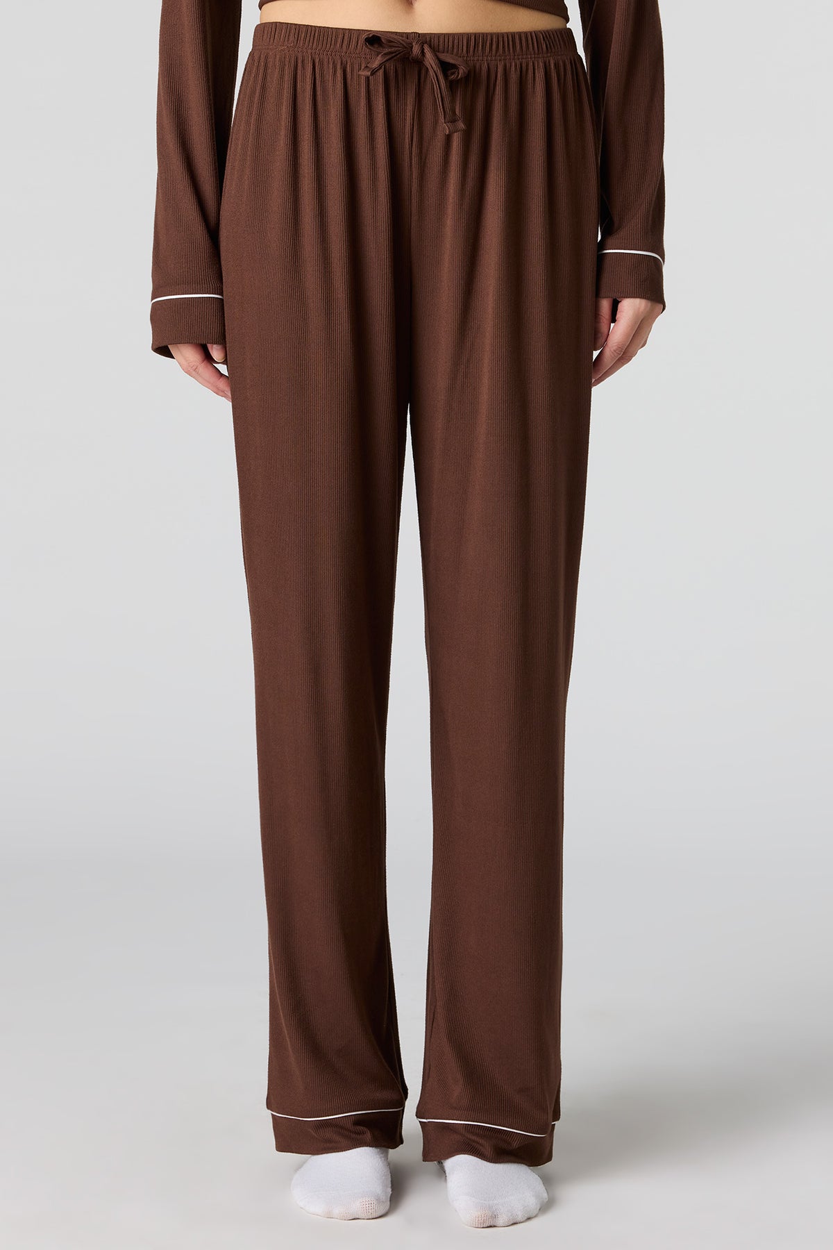 Alt View 3. Soft Ribbed Button-Up Top & Pant Pajama Set - Brown