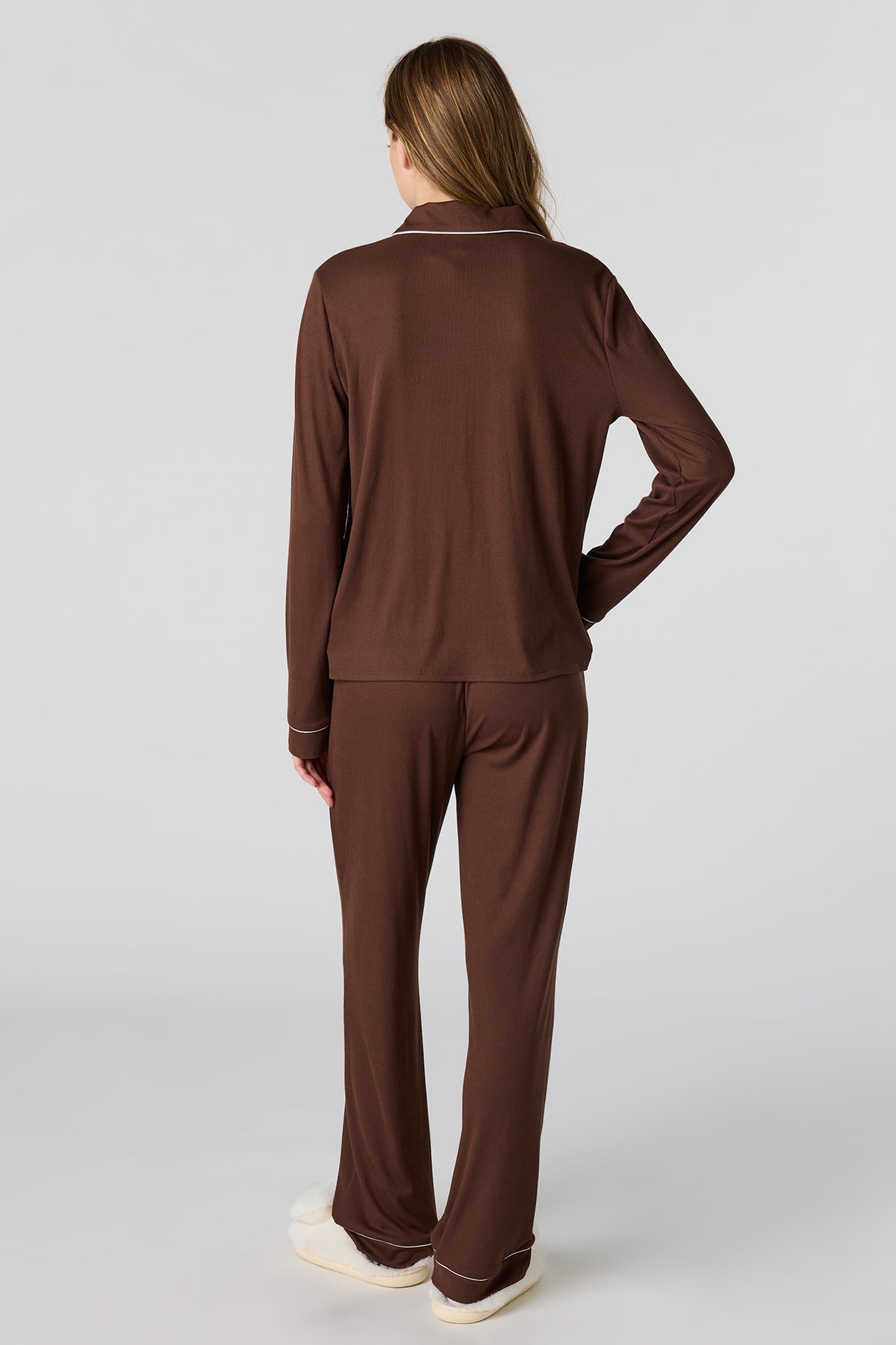 Alt View 4. Soft Ribbed Button-Up Top & Pant Pajama Set - Brown