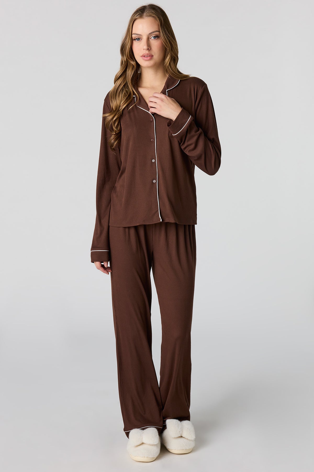 Soft Ribbed Button-Up Top & Pant Pajama Set - Brown