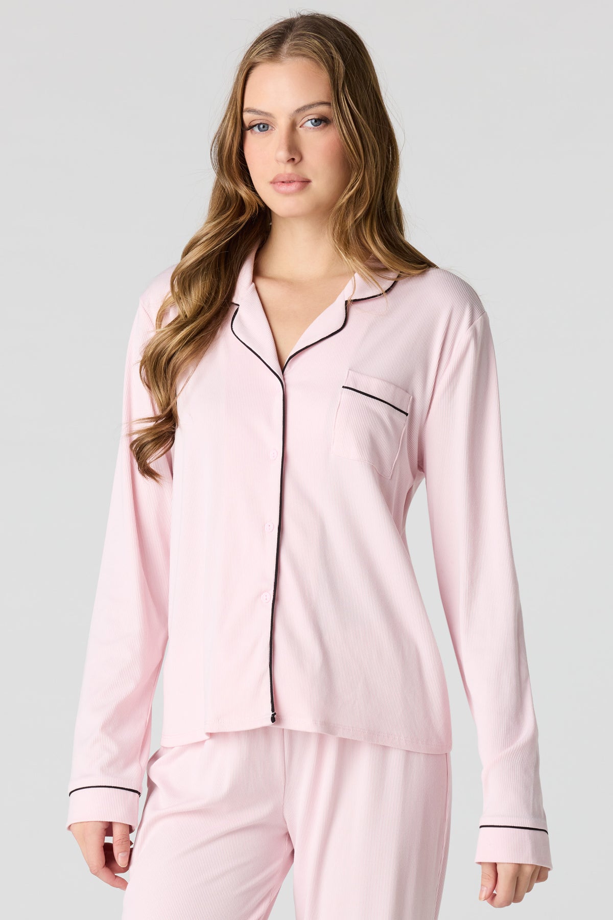 Alt View 2. Soft Ribbed Button-Up Top & Pant Pajama Set - Pink