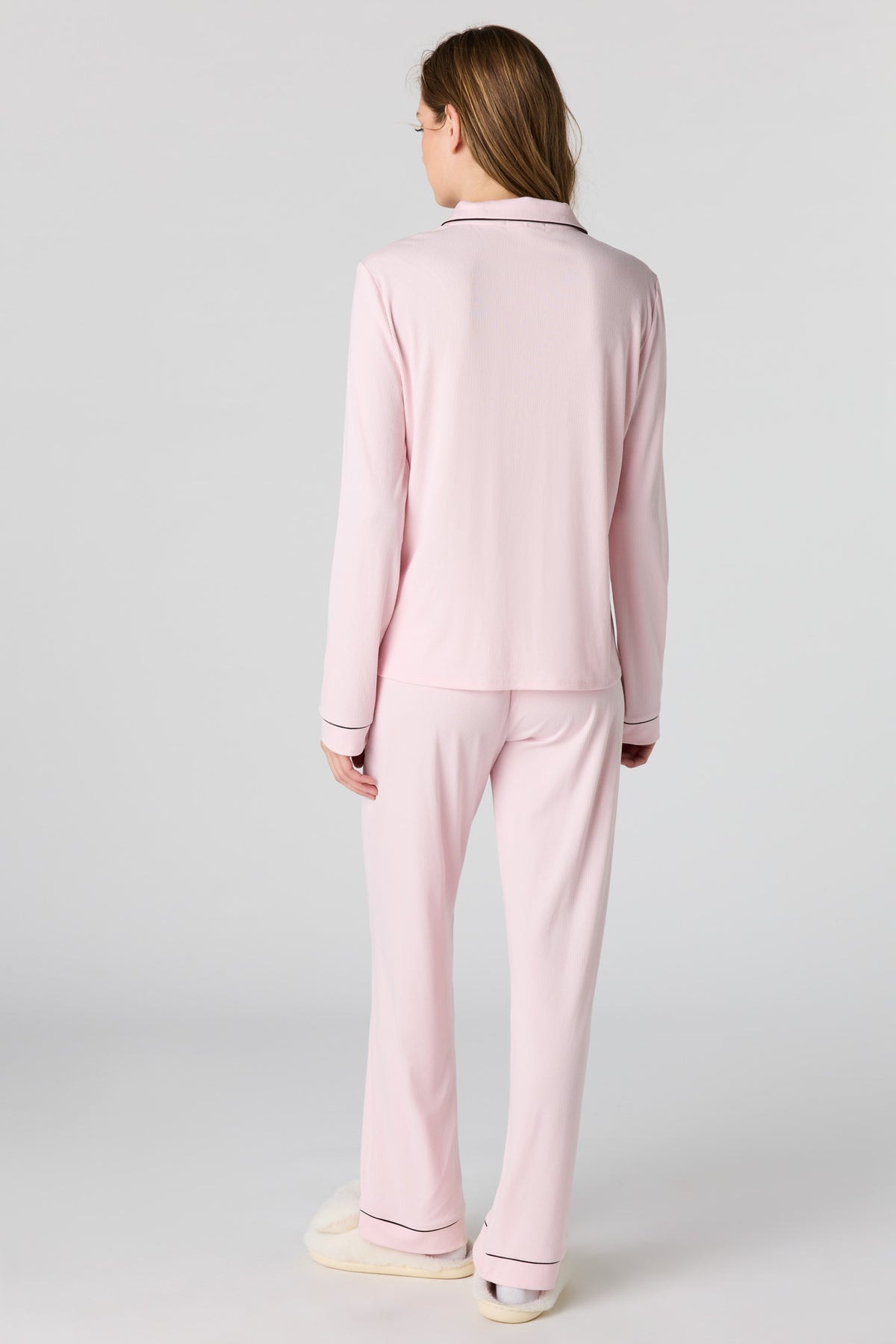Alt View 4. Soft Ribbed Button-Up Top & Pant Pajama Set - Pink