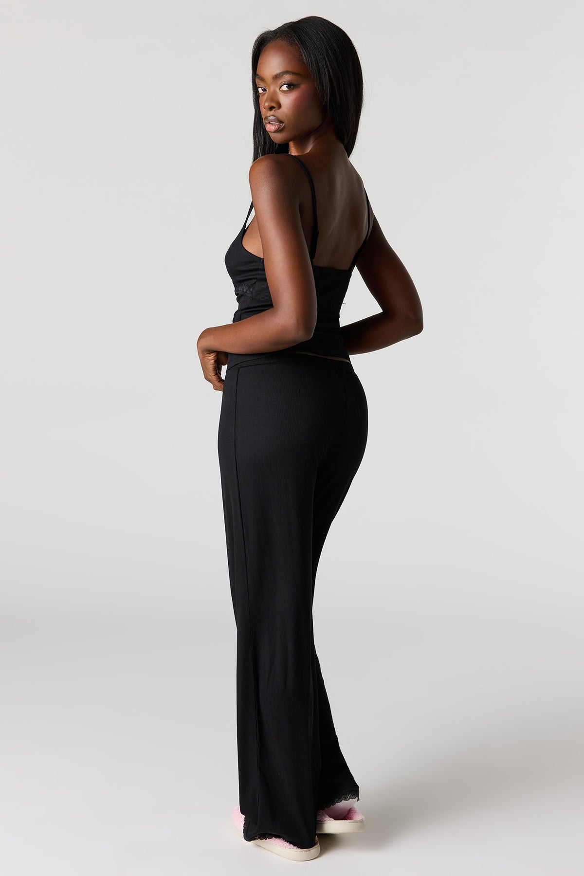 Alt View 4. Ribbed Lace Tank & Pant Pajama Set - Black