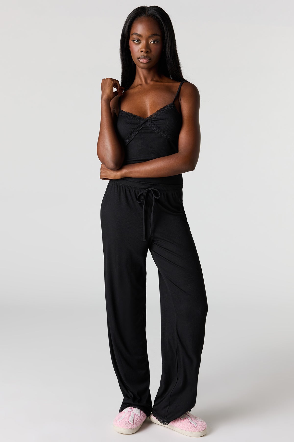 Ribbed Lace Tank & Pant Pajama Set - Black