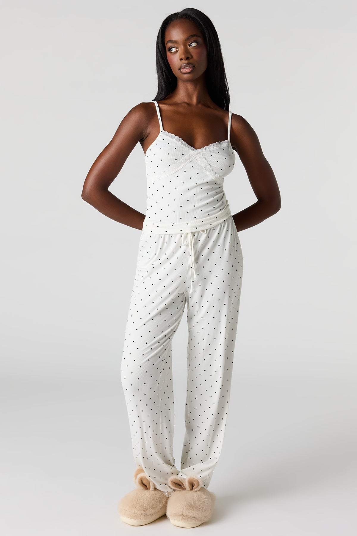 Ribbed Lace Tank & Pant Pajama Set - Cream