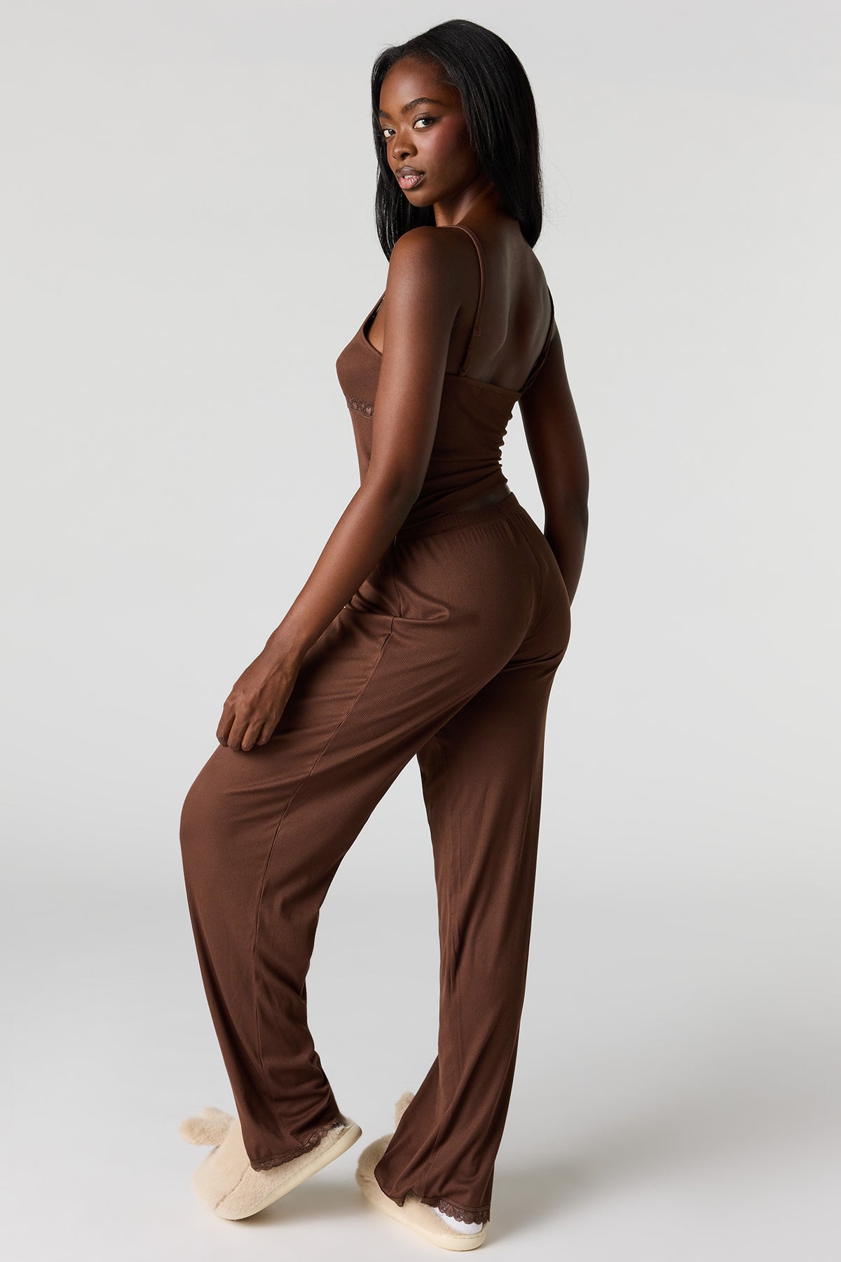 Alt View 4. Ribbed Lace Tank & Pant Pajama Set - Light Brown