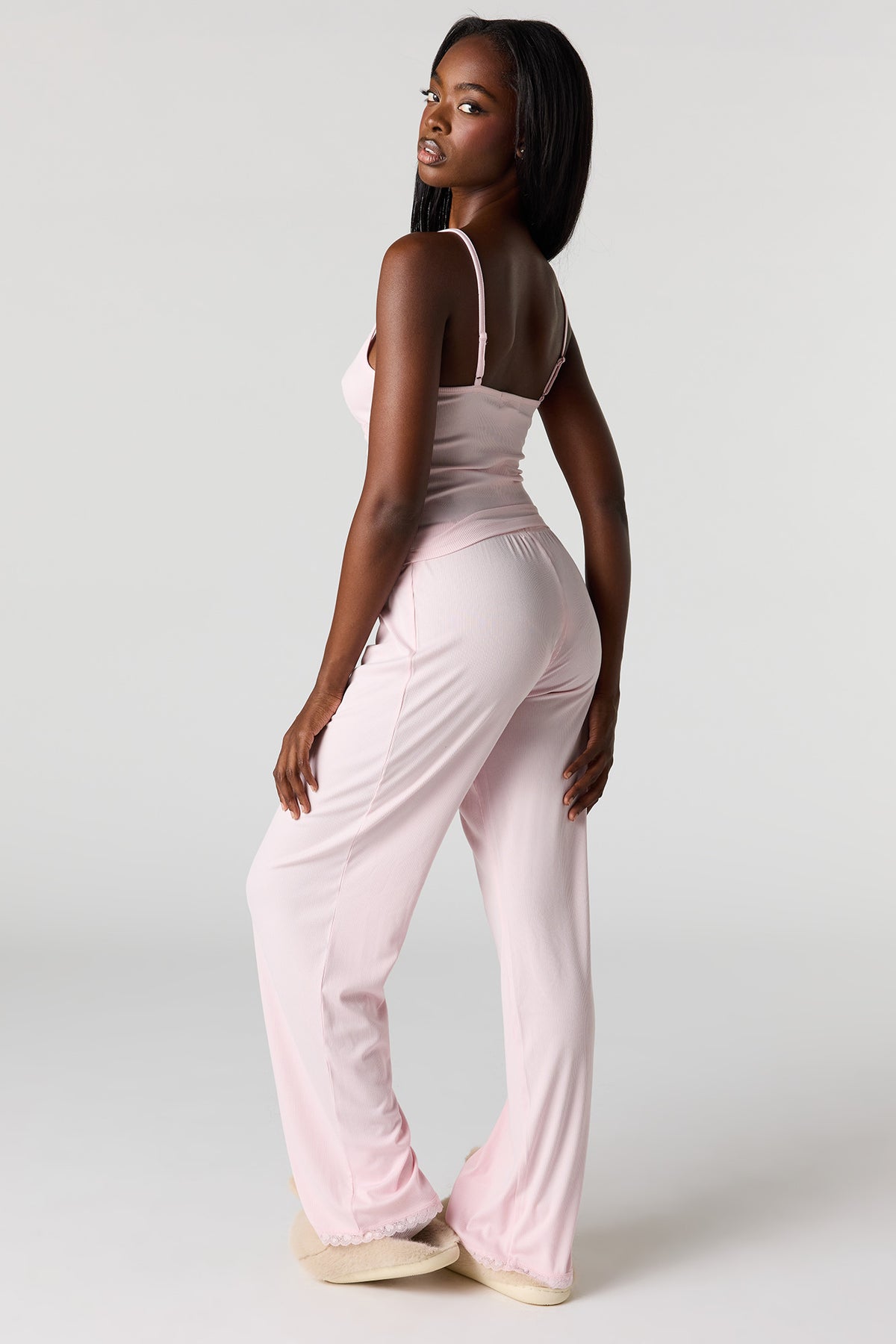Alt View 4. Ribbed Lace Tank & Pant Pajama Set - Pink