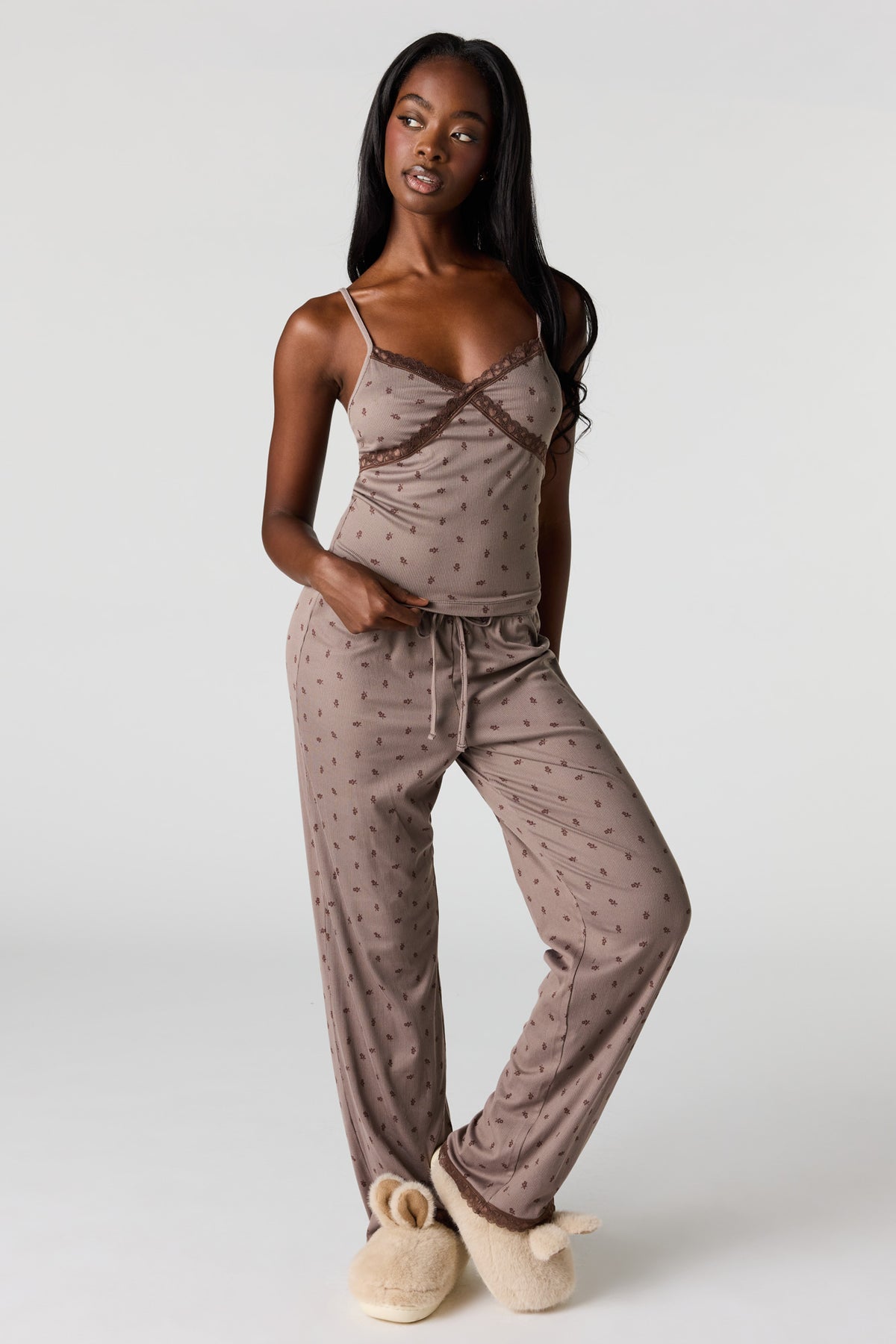 Ribbed Lace Tank & Pant Pajama Set - Taupe