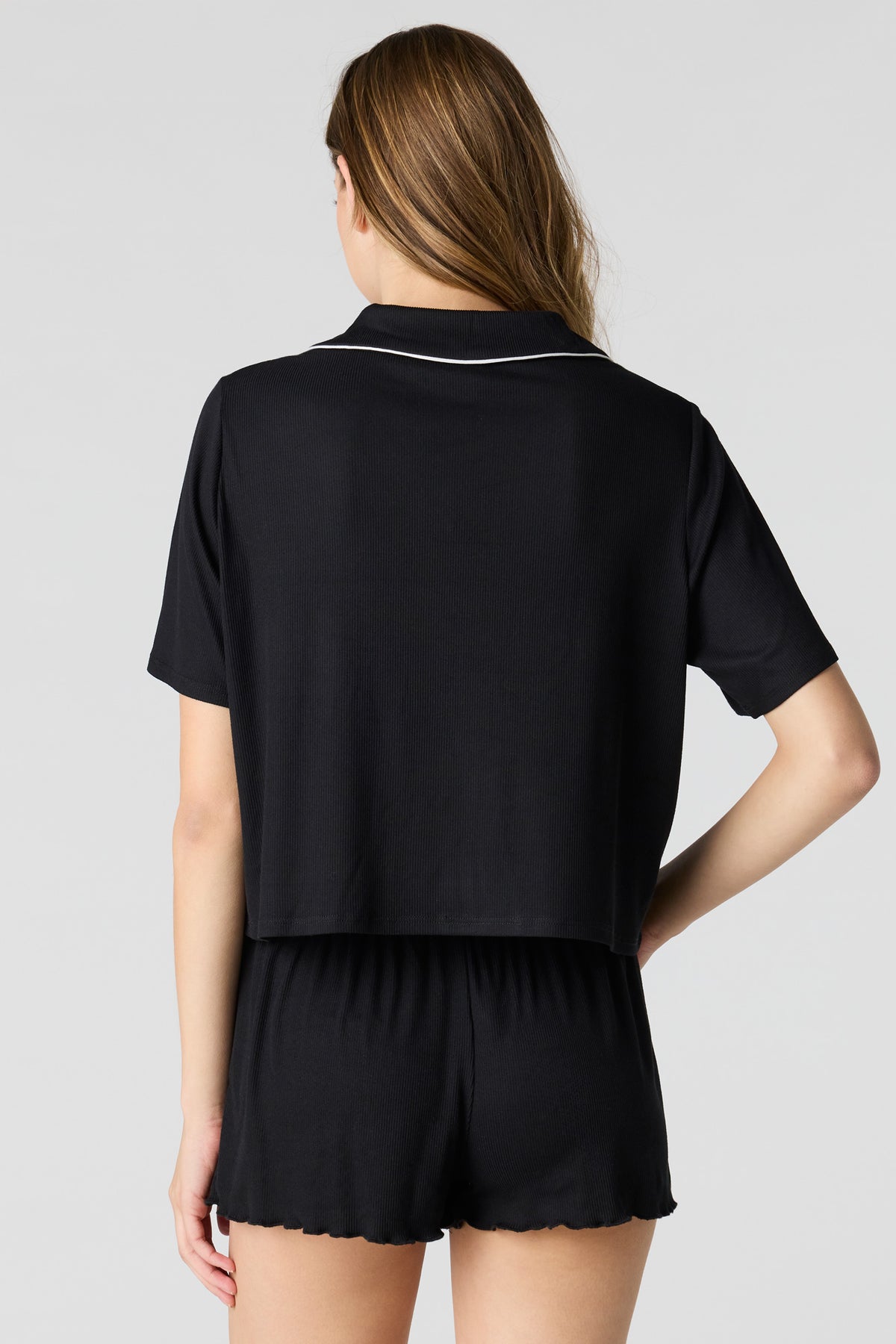 Alt View 2. Soft Ribbed Button-Up Top & Short Pajama Set - Black