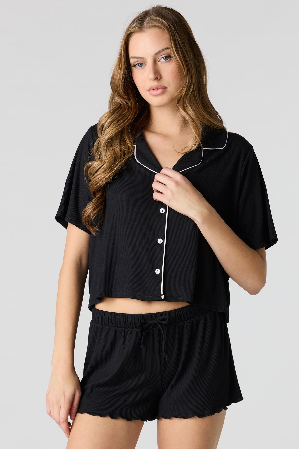 Soft Ribbed Button-Up Top & Short Pajama Set - Black