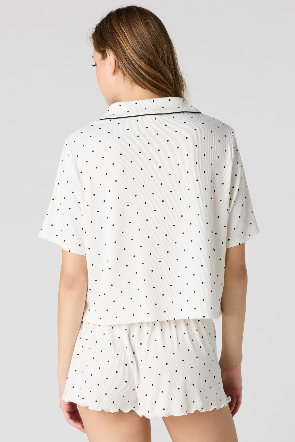 Alt View 2. Soft Ribbed Button-Up Top & Short Pajama Set - Cream