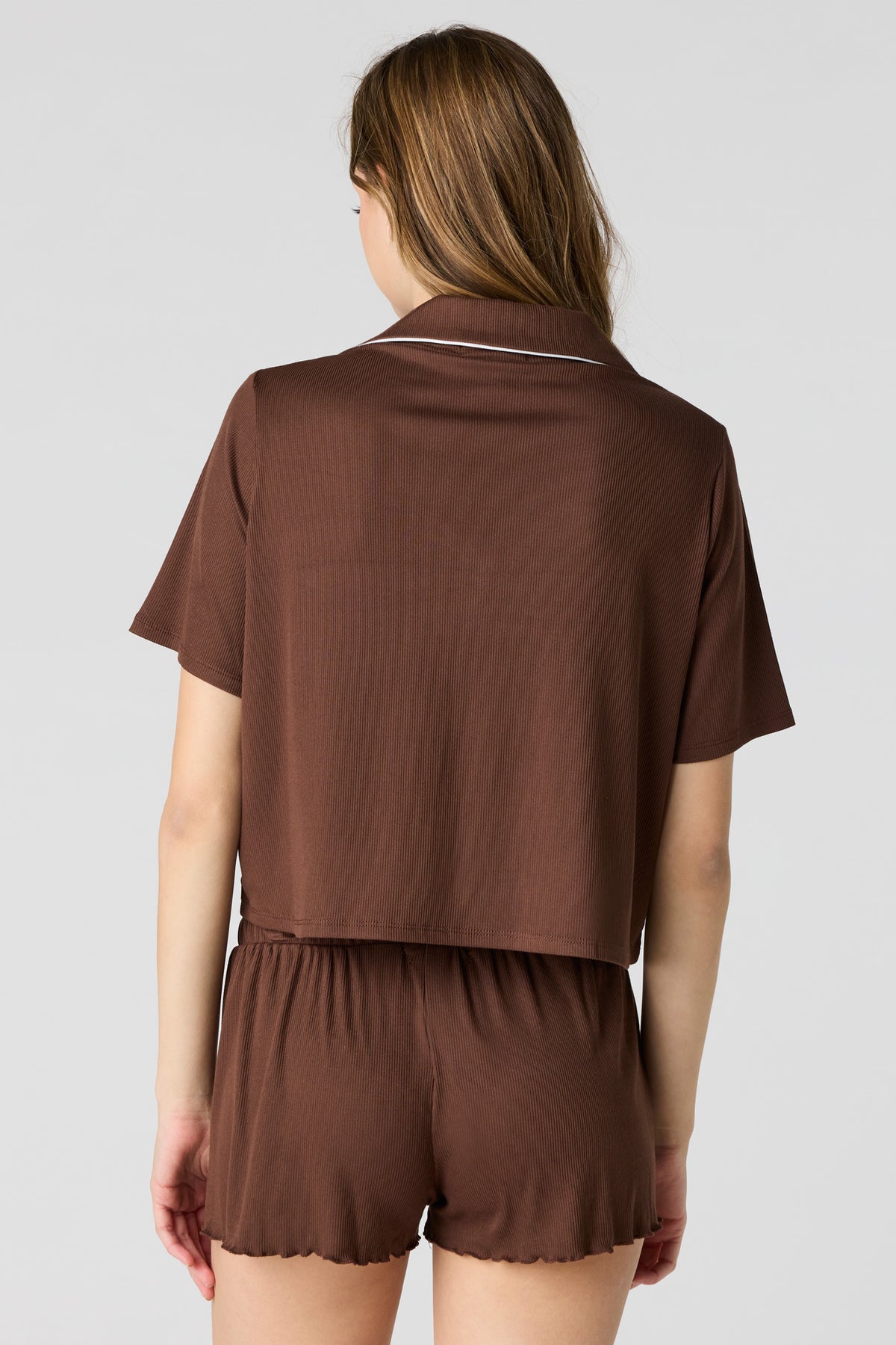 Alt View 2. Soft Ribbed Button-Up Top & Short Pajama Set - Light Brown