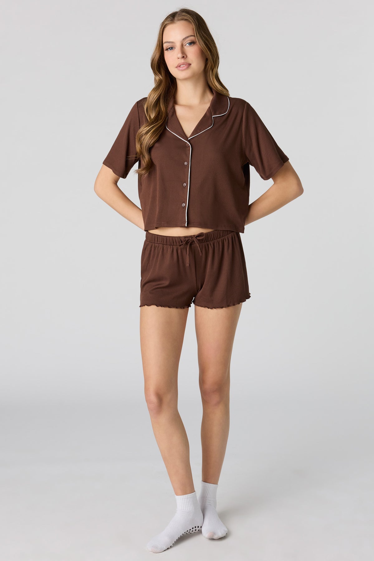 Alt View 3. Soft Ribbed Button-Up Top & Short Pajama Set - Light Brown