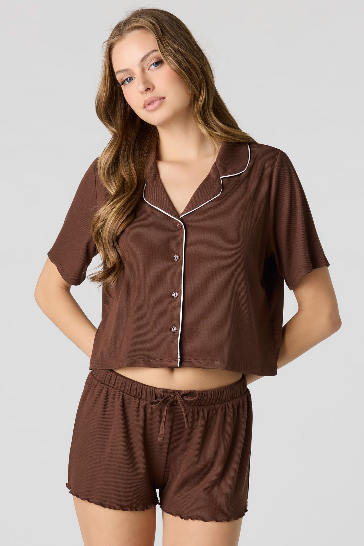 Soft Ribbed Button-Up Top & Short Pajama Set - Light Brown