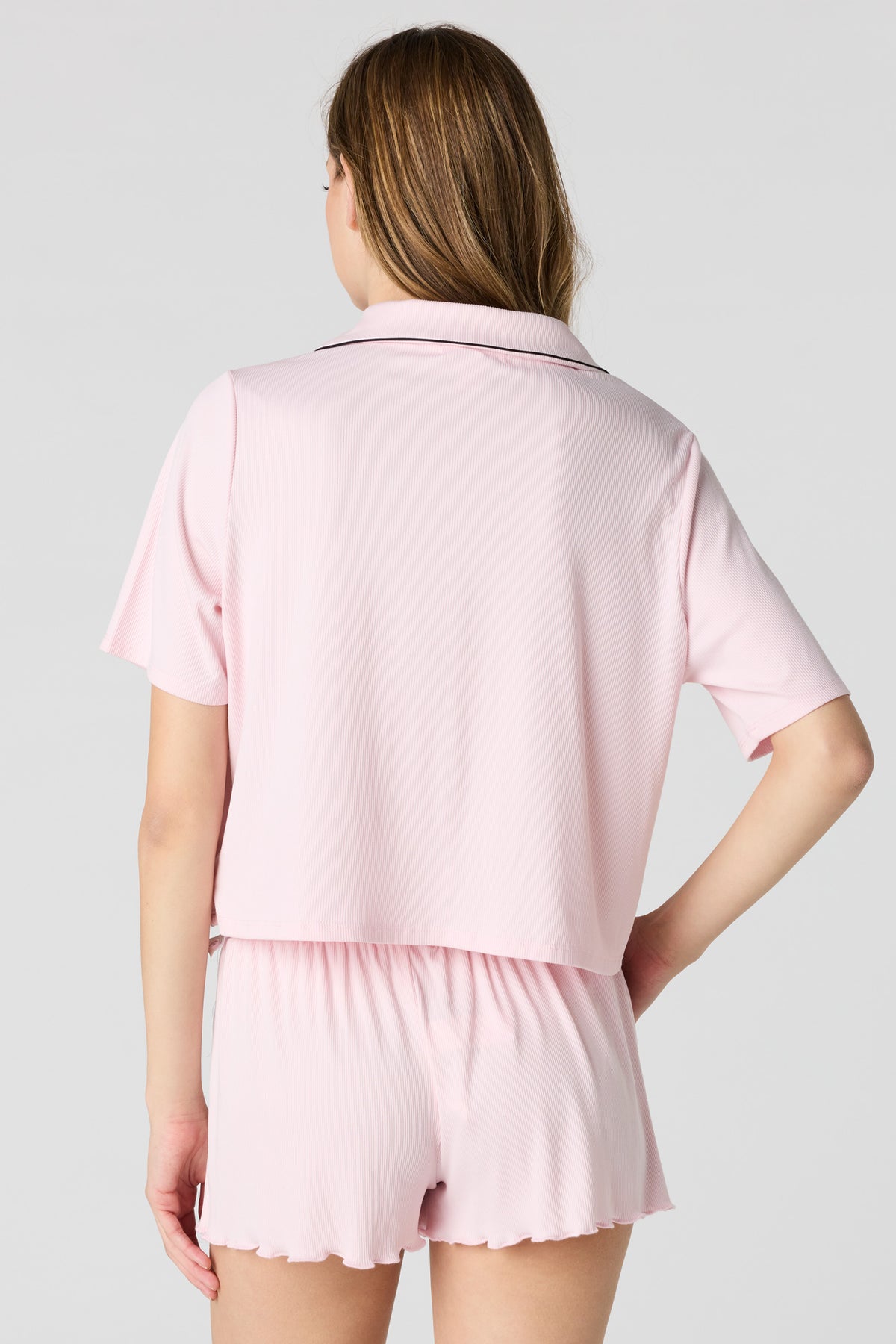 Alt View 2. Soft Ribbed Button-Up Top & Short Pajama Set - Pink