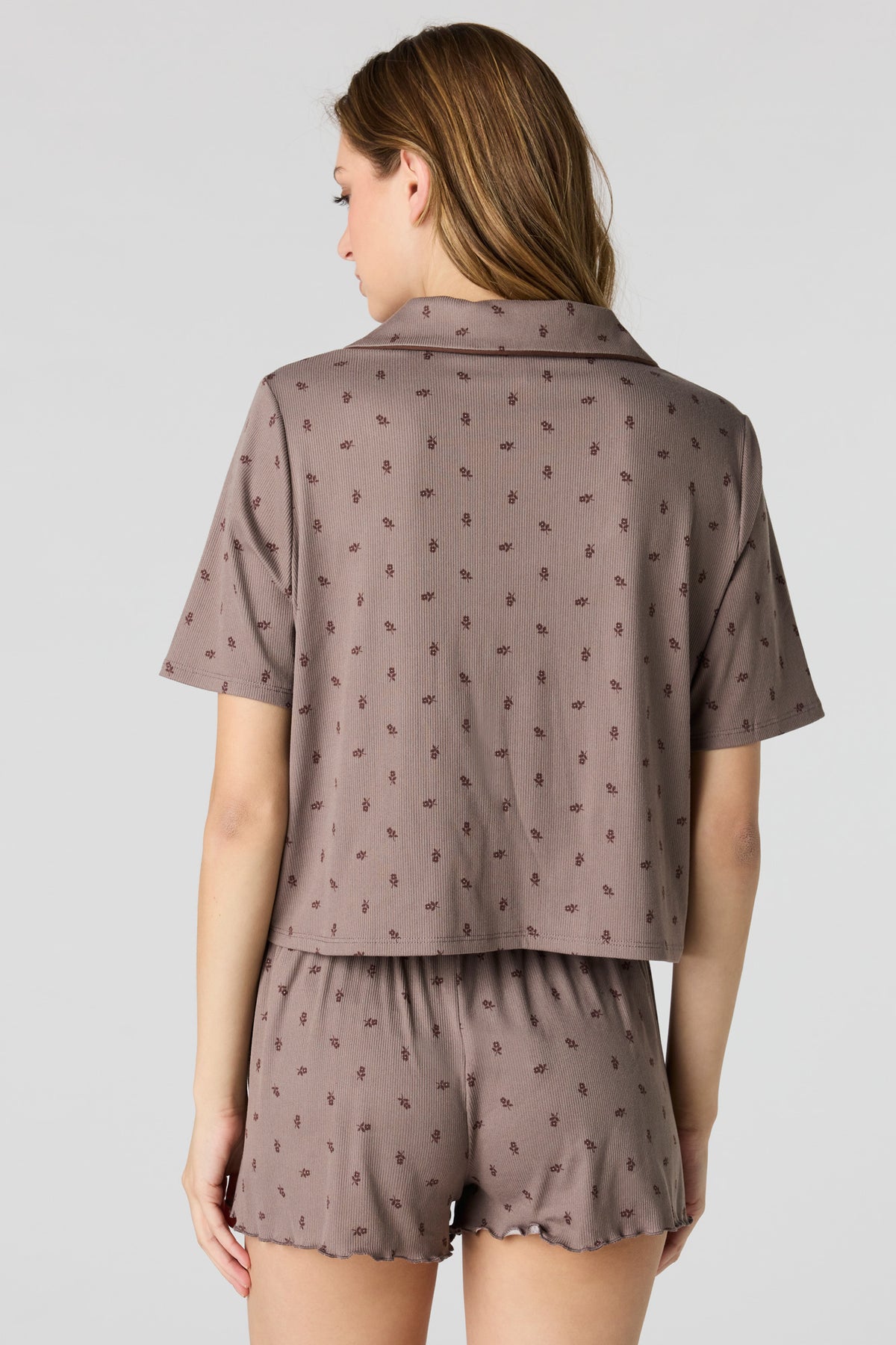 Alt View 2. Soft Ribbed Button-Up Top & Short Pajama Set - Taupe