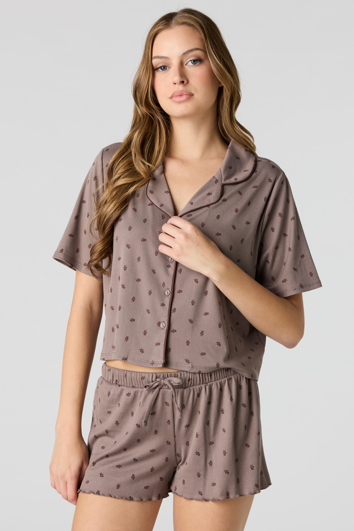Soft Ribbed Button-Up Top & Short Pajama Set - Taupe
