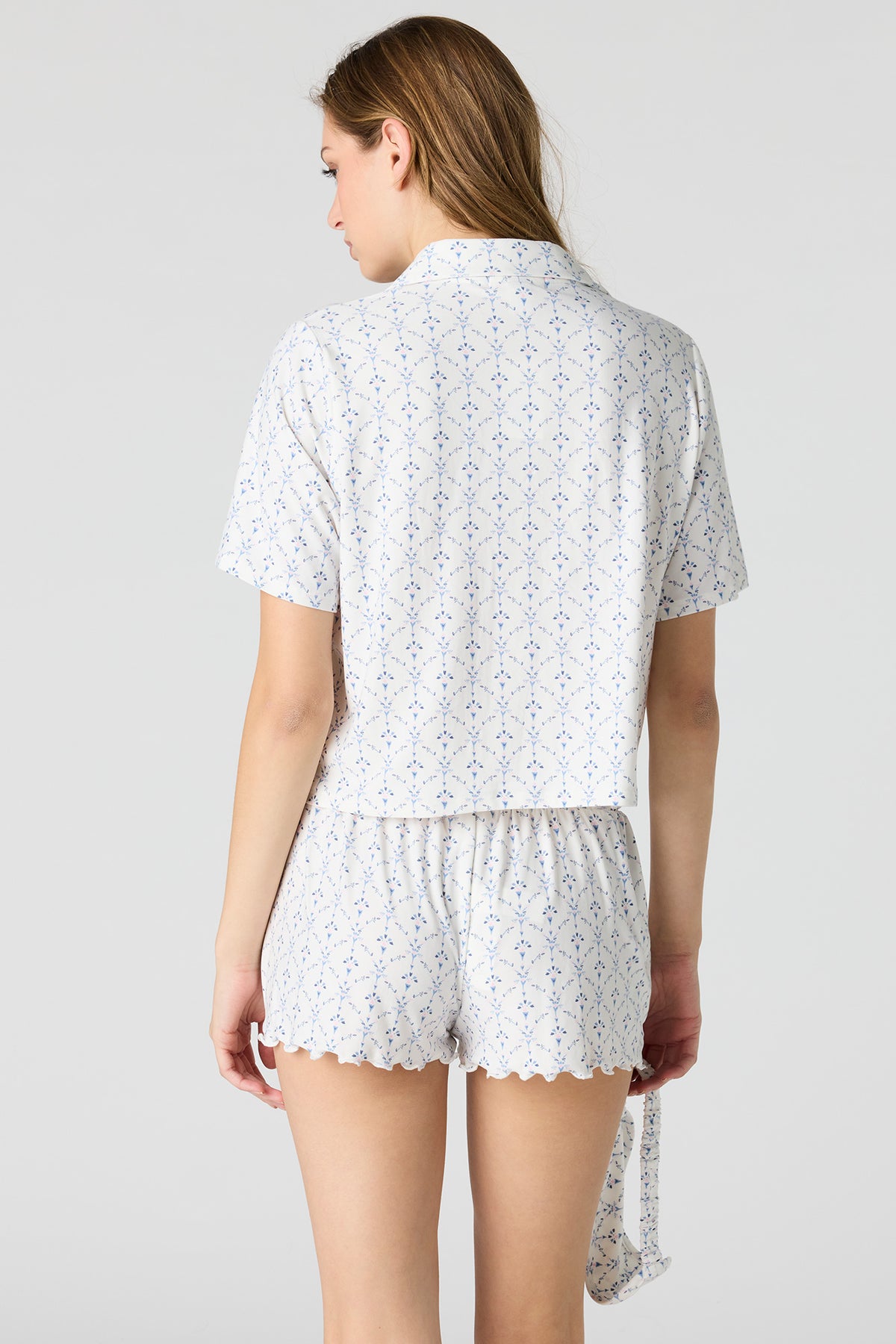 Alt View 2. Button-Up Top & Short & Sleep Mask Pajama Set - Cream