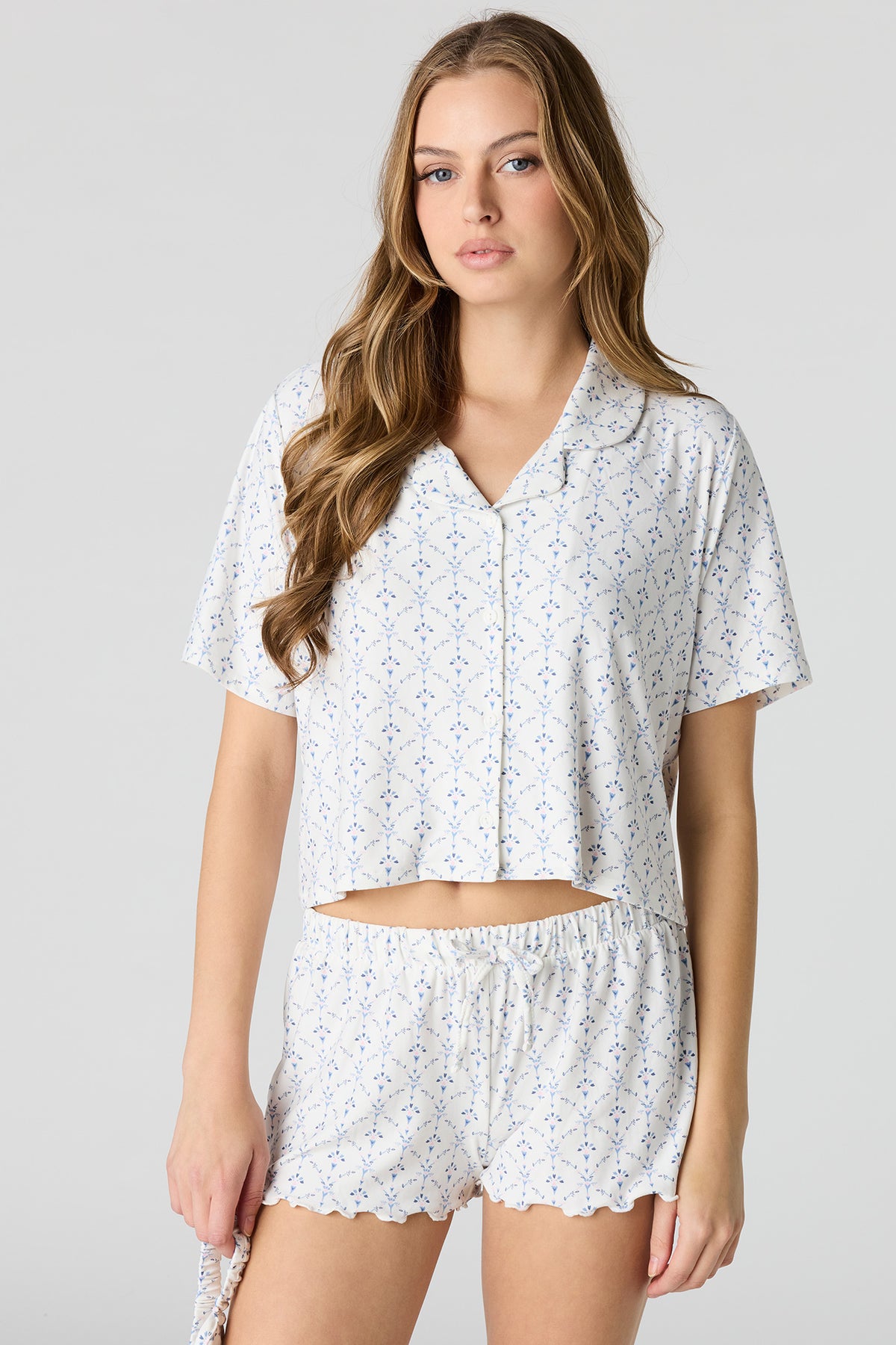 Button-Up Top & Short & Sleep Mask Pajama Set - Cream
