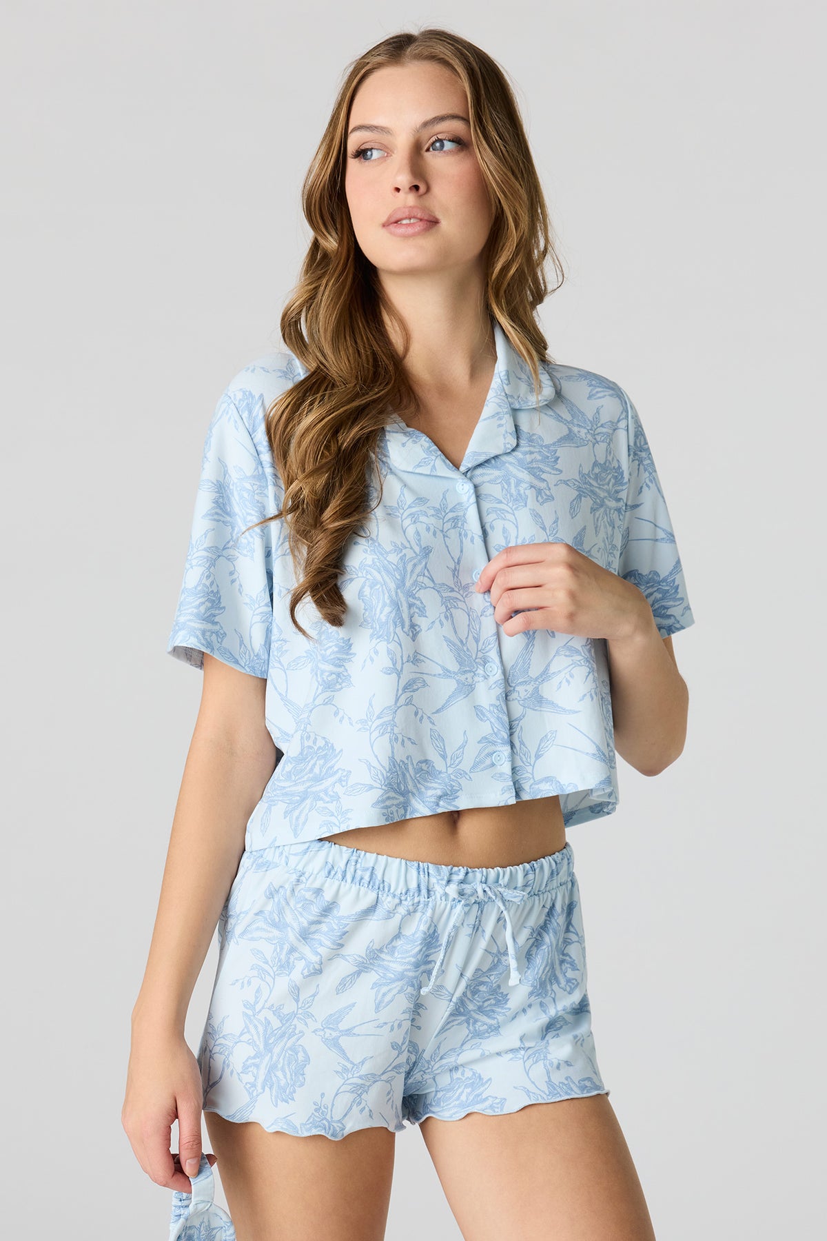 Button-Up Top & Short & Sleep Mask Pajama Set - Baby Blue