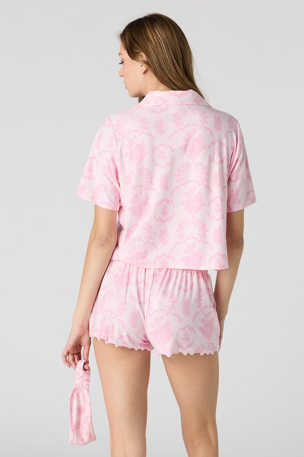 Alt View 2. Button-Up Top & Short & Sleep Mask Pajama Set - Pink