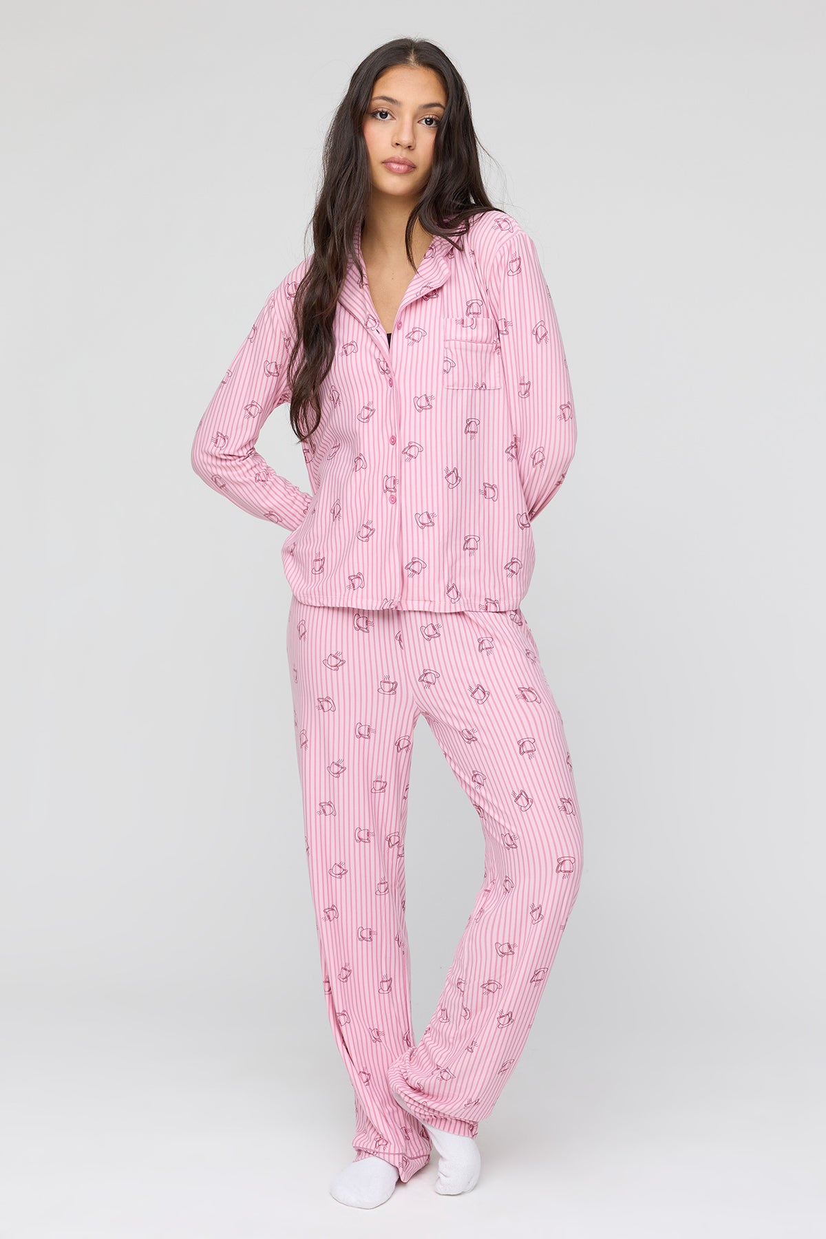 Alt View 2. Button-Up Top & Pant Pajama Set - Mauve