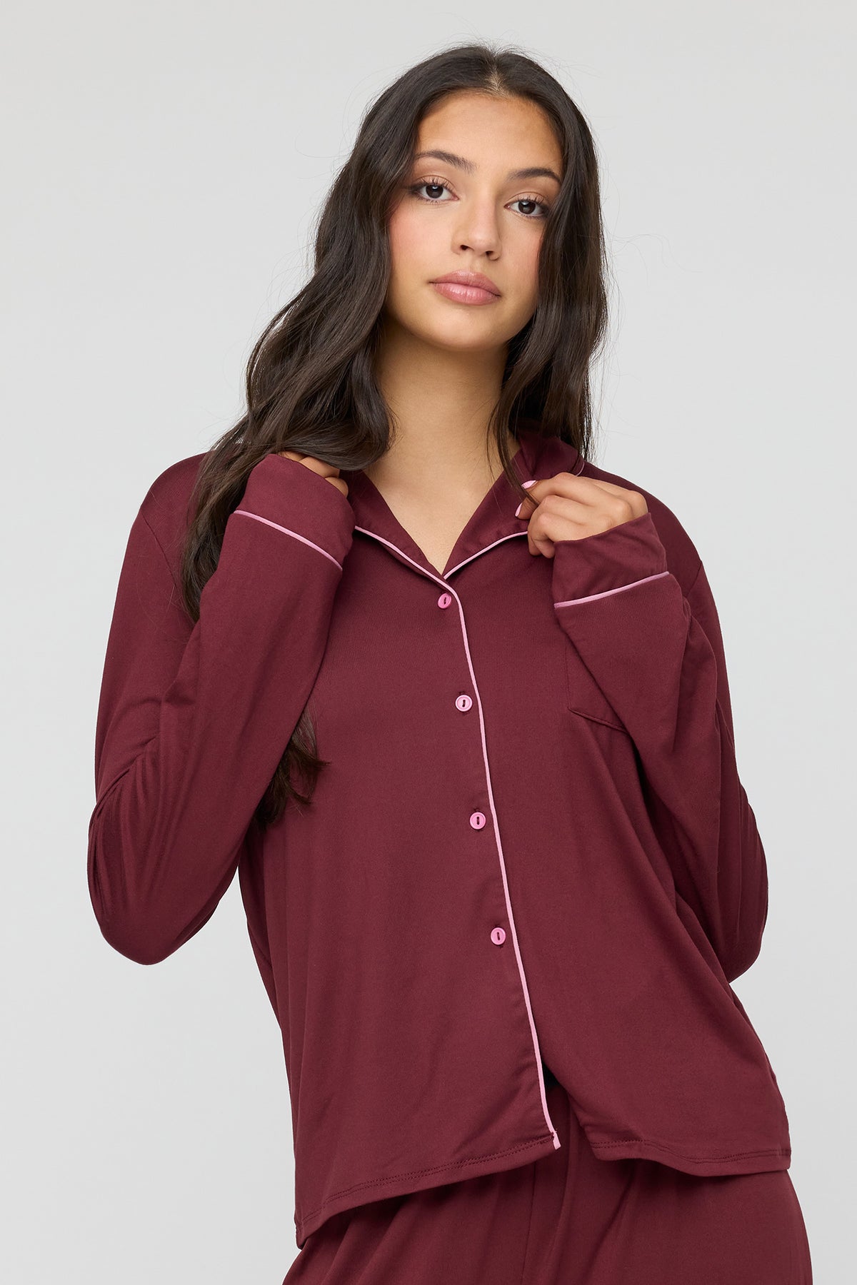 Alt View 2. Button-Up Top & Pant Pajama Set - Cherry