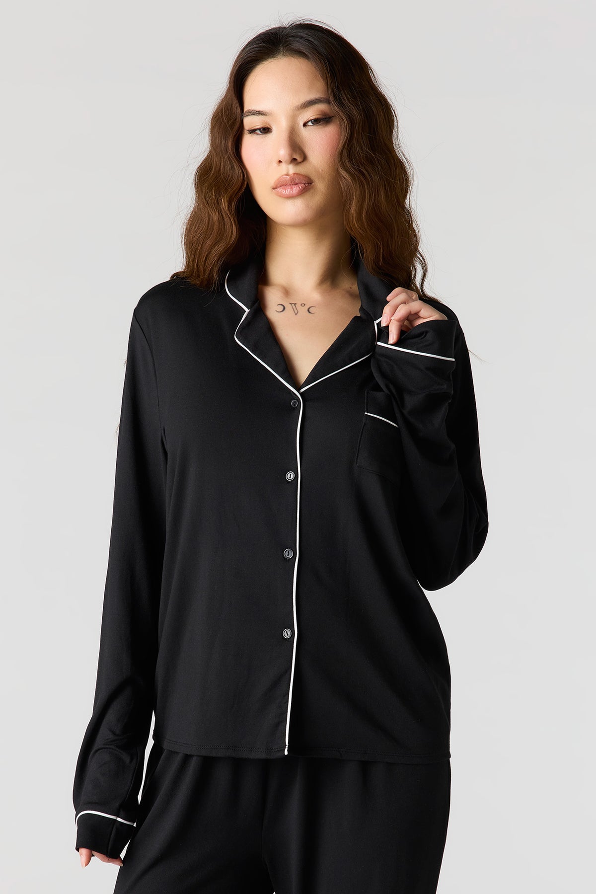 Alt View 2. Soft Button-Up Long Sleeve Top & Pant Pajama Set - Black