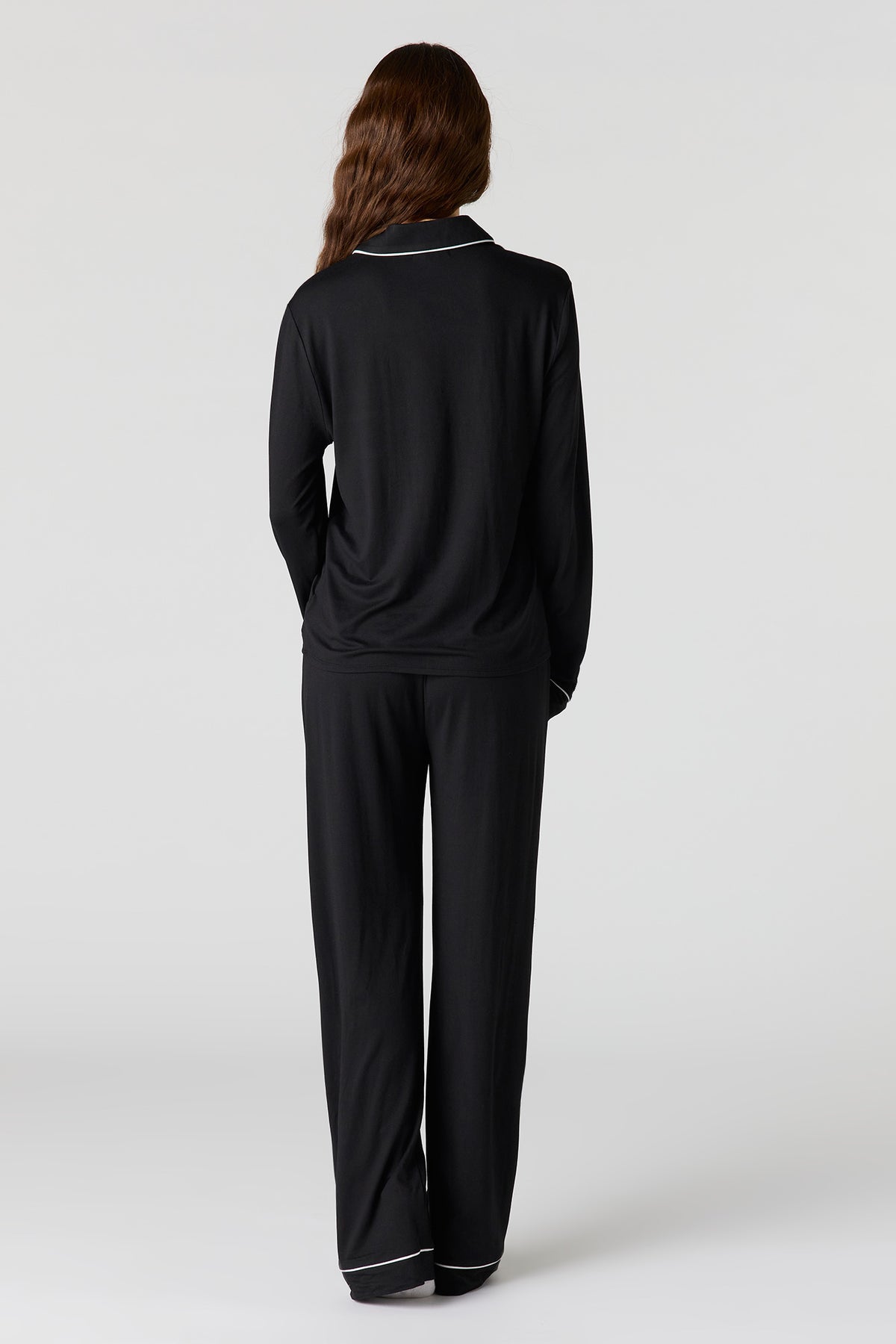 Alt View 4. Soft Button-Up Long Sleeve Top & Pant Pajama Set - Black
