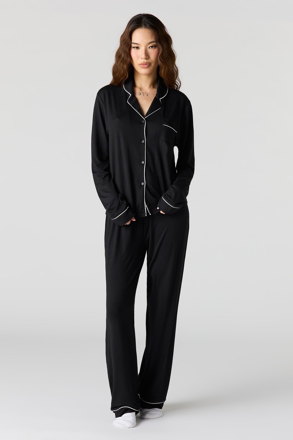 Soft Button-Up Long Sleeve Top & Pant Pajama Set - Black