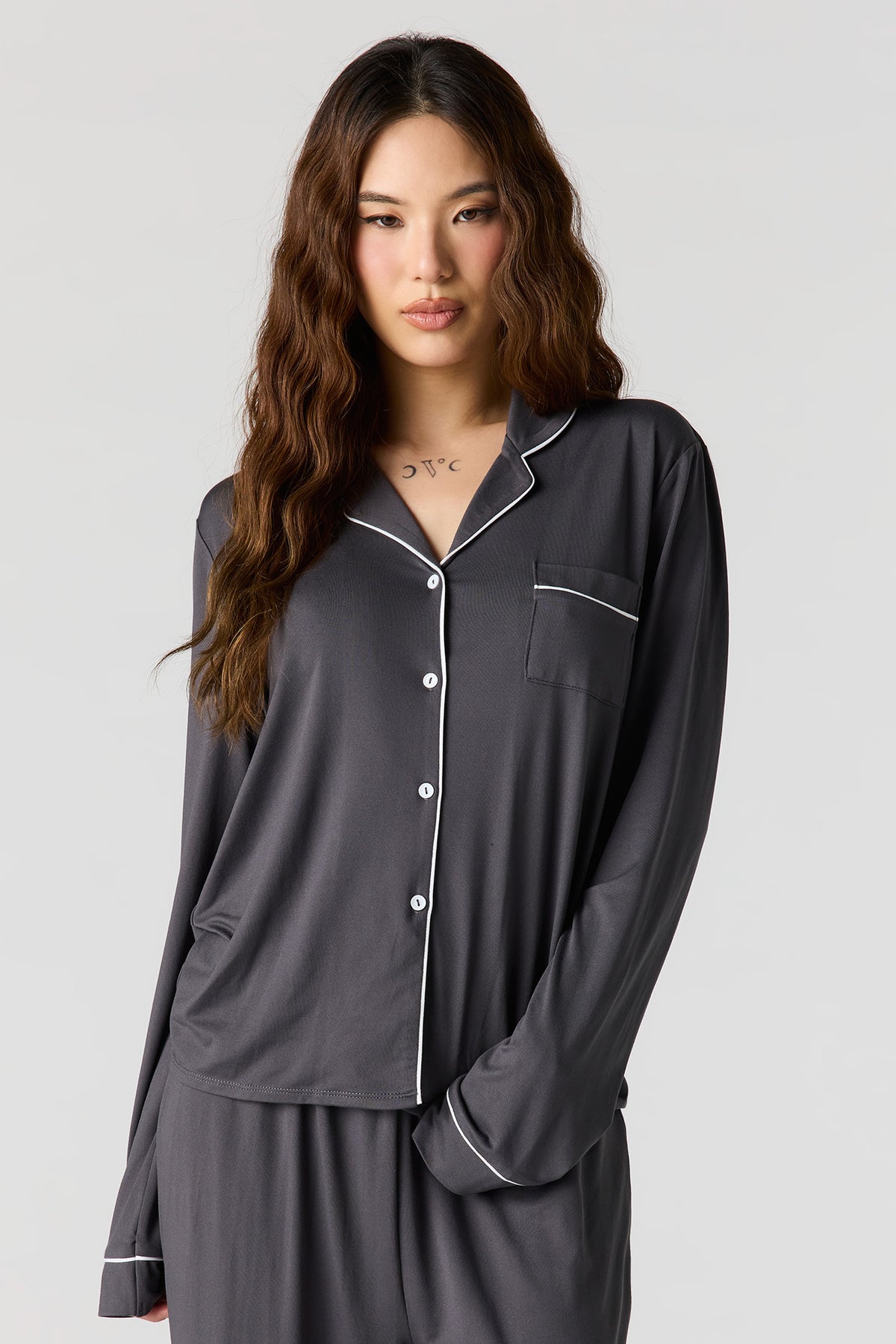 Alt View 2. Soft Button-Up Long Sleeve Top & Pant Pajama Set - Charcoal