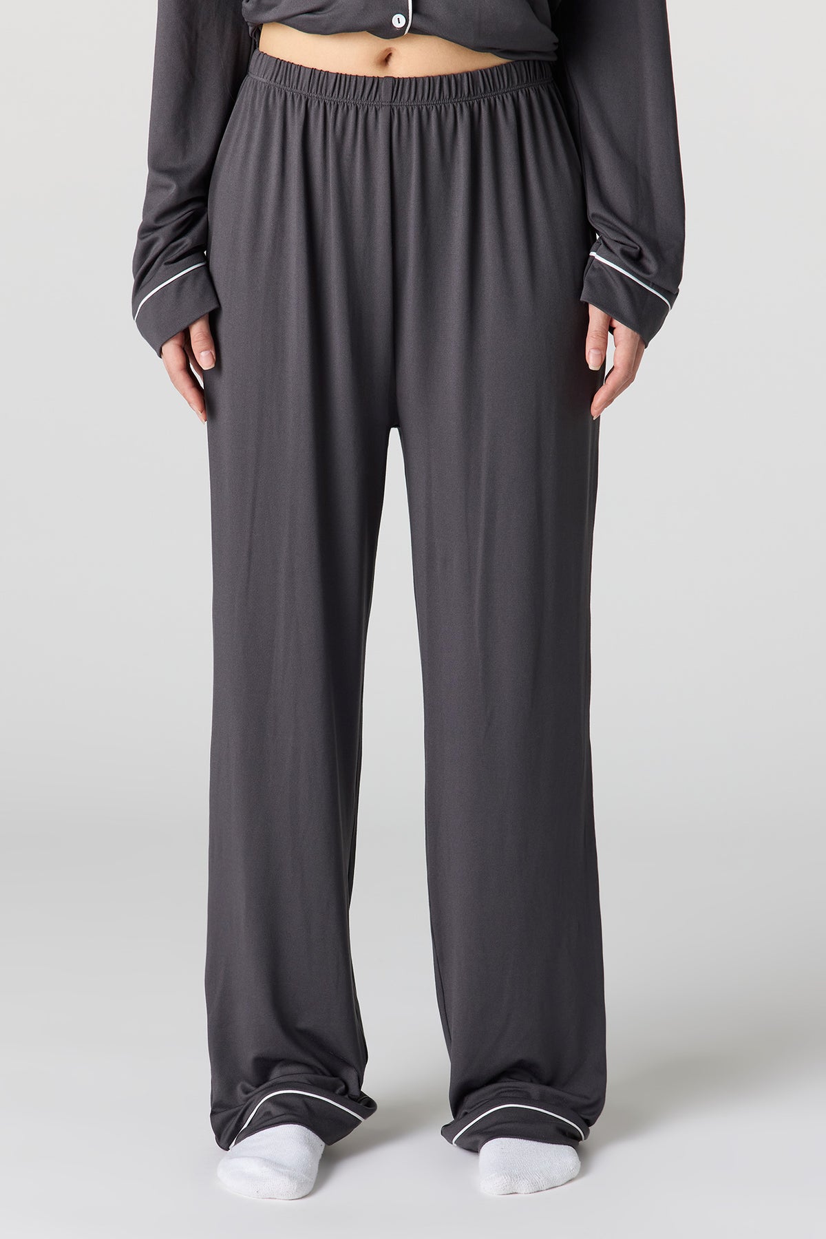 Alt View 3. Soft Button-Up Long Sleeve Top & Pant Pajama Set - Charcoal