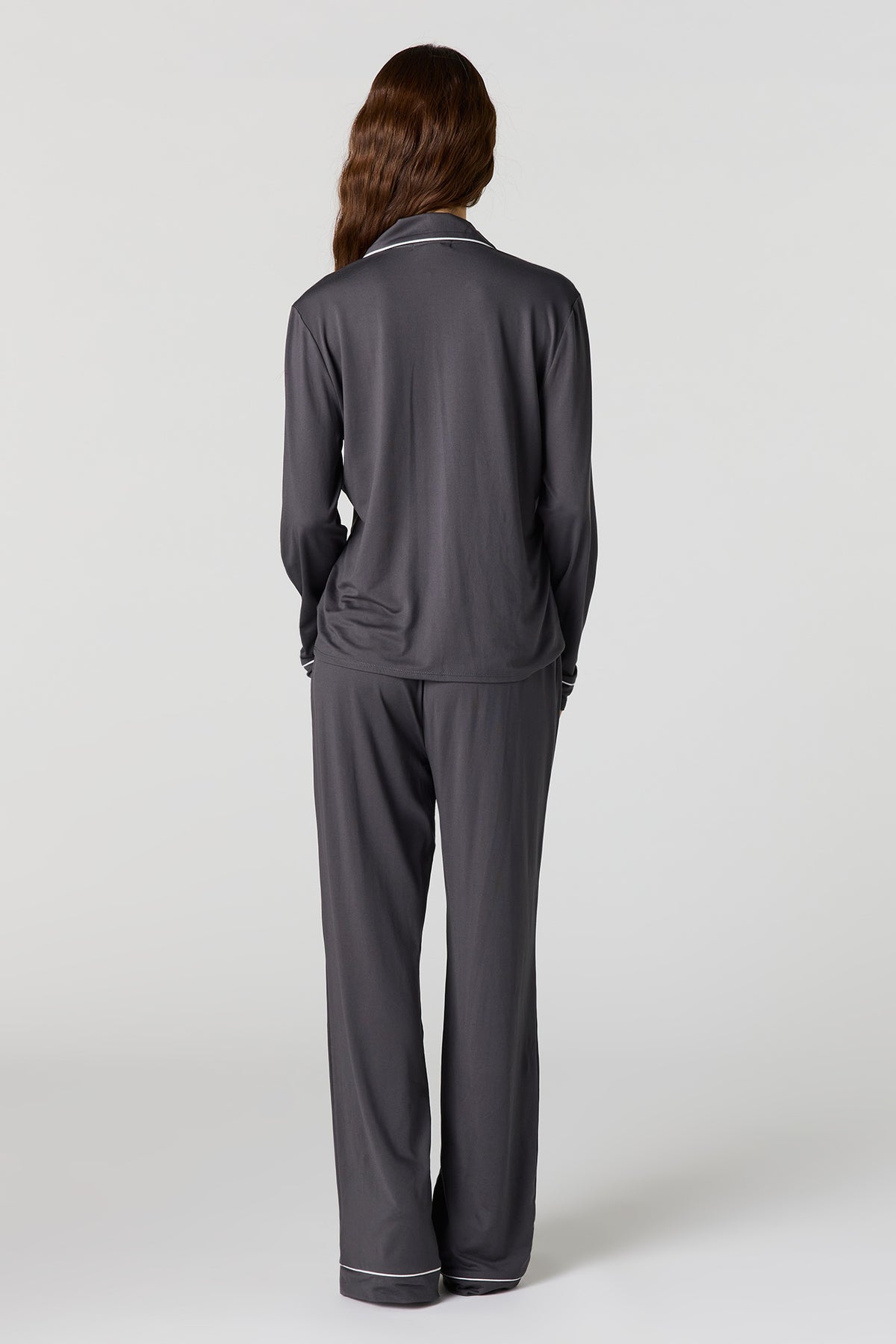 Alt View 4. Soft Button-Up Long Sleeve Top & Pant Pajama Set - Charcoal