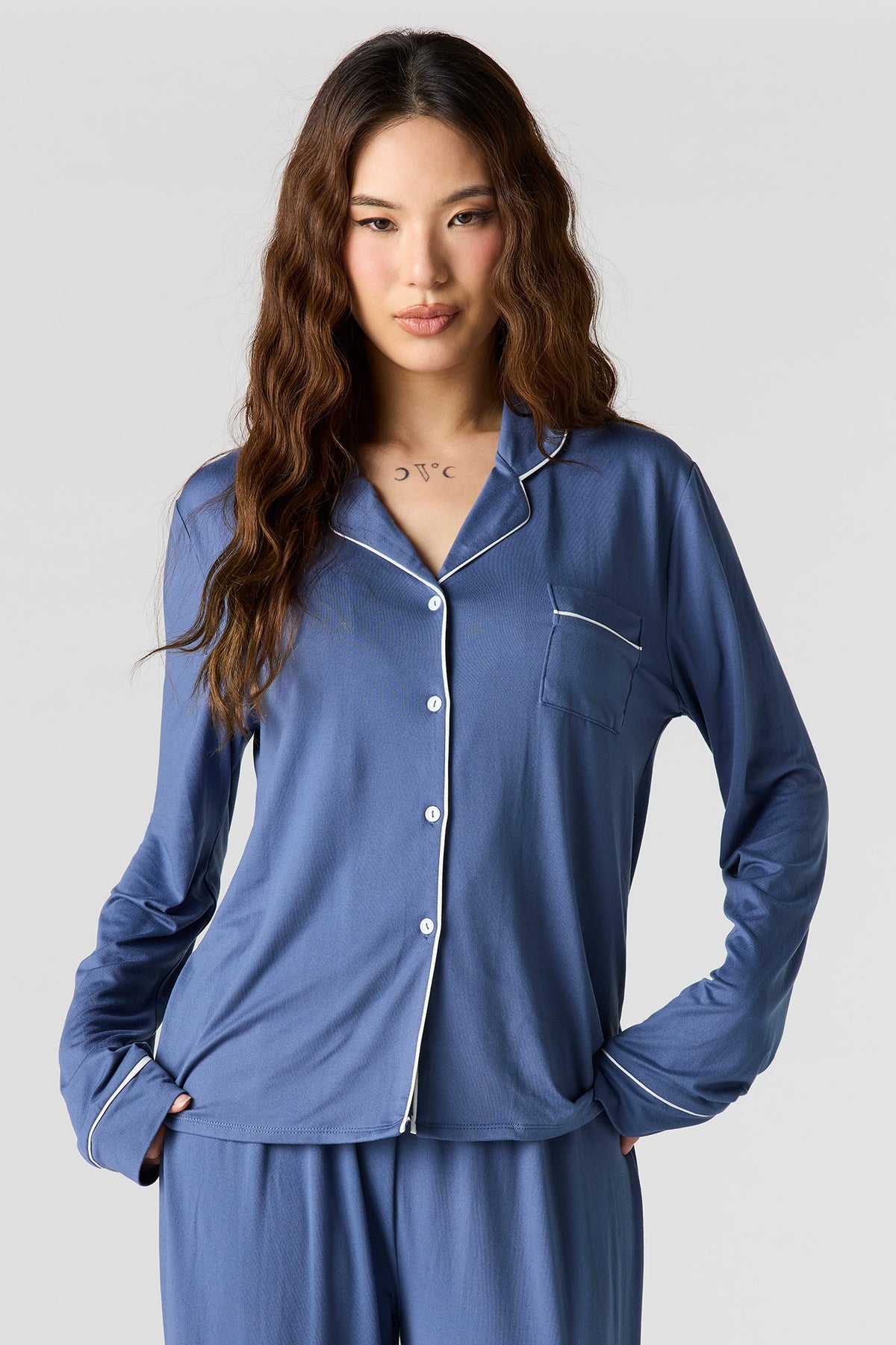 Alt View 2. Soft Button-Up Long Sleeve Top & Pant Pajama Set - Dark Blue