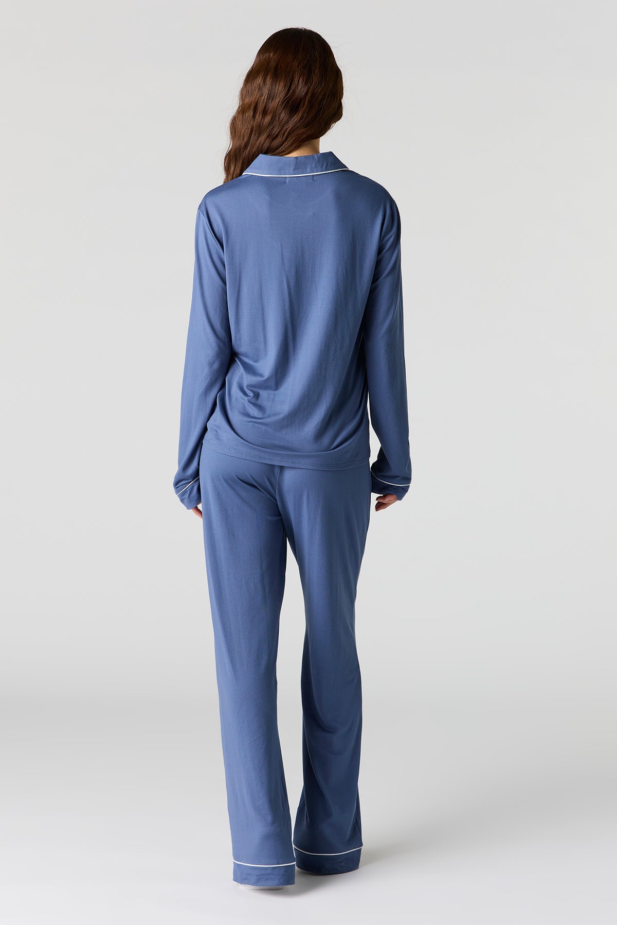 Alt View 4. Soft Button-Up Long Sleeve Top & Pant Pajama Set - Dark Blue