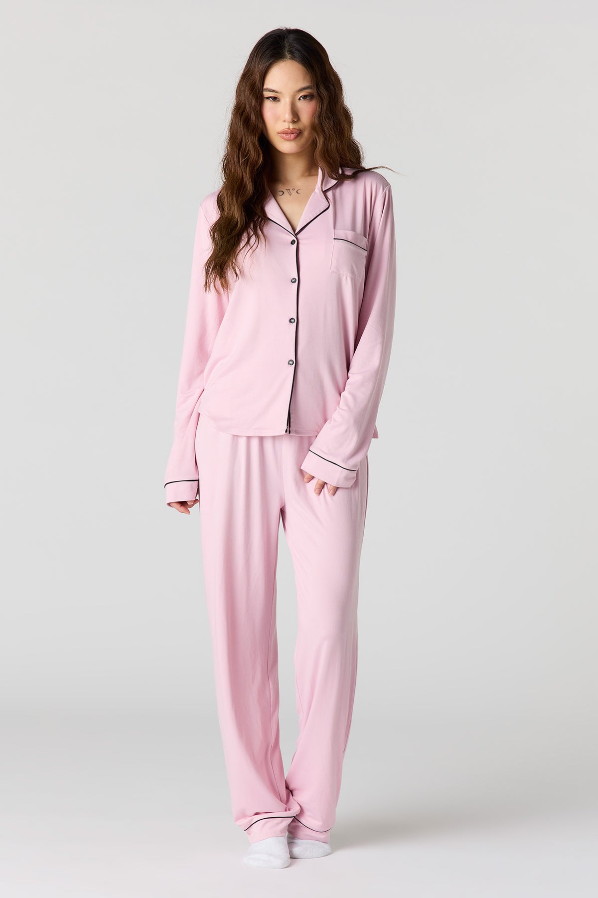 Soft Button-Up Long Sleeve Top & Pant Pajama Set - Pink