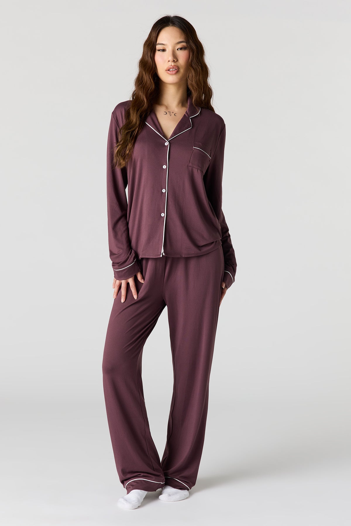 Soft Button-Up Long Sleeve Top & Pant Pajama Set - Plum