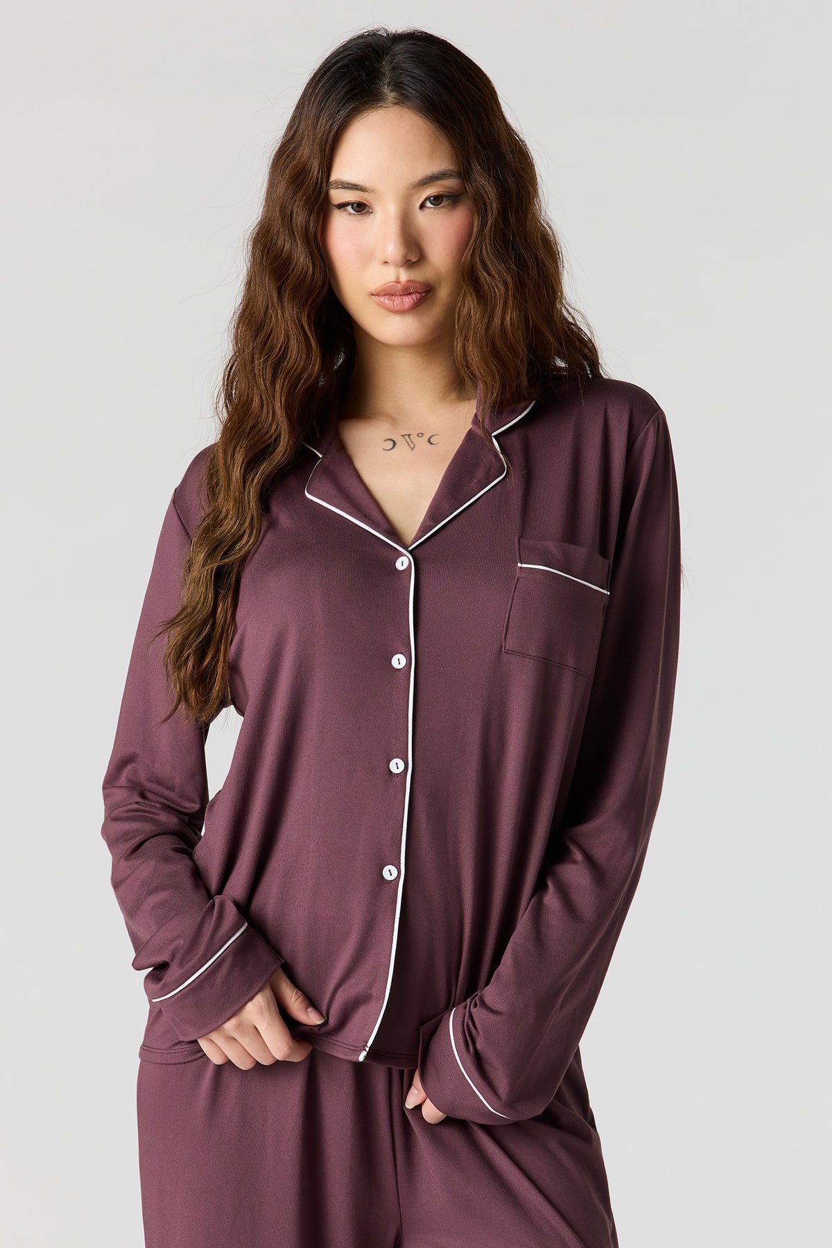 Alt View 2. Soft Button-Up Long Sleeve Top & Pant Pajama Set - Plum