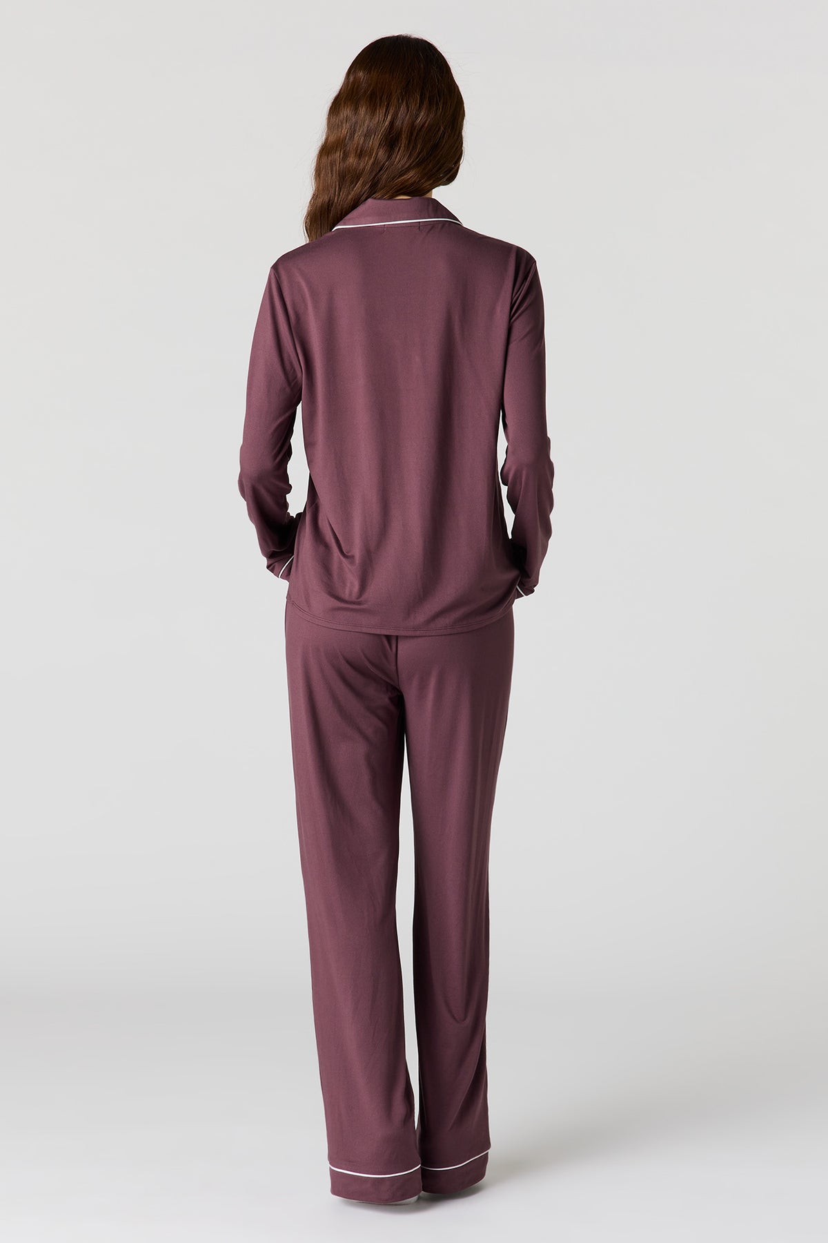 Alt View 4. Soft Button-Up Long Sleeve Top & Pant Pajama Set - Plum