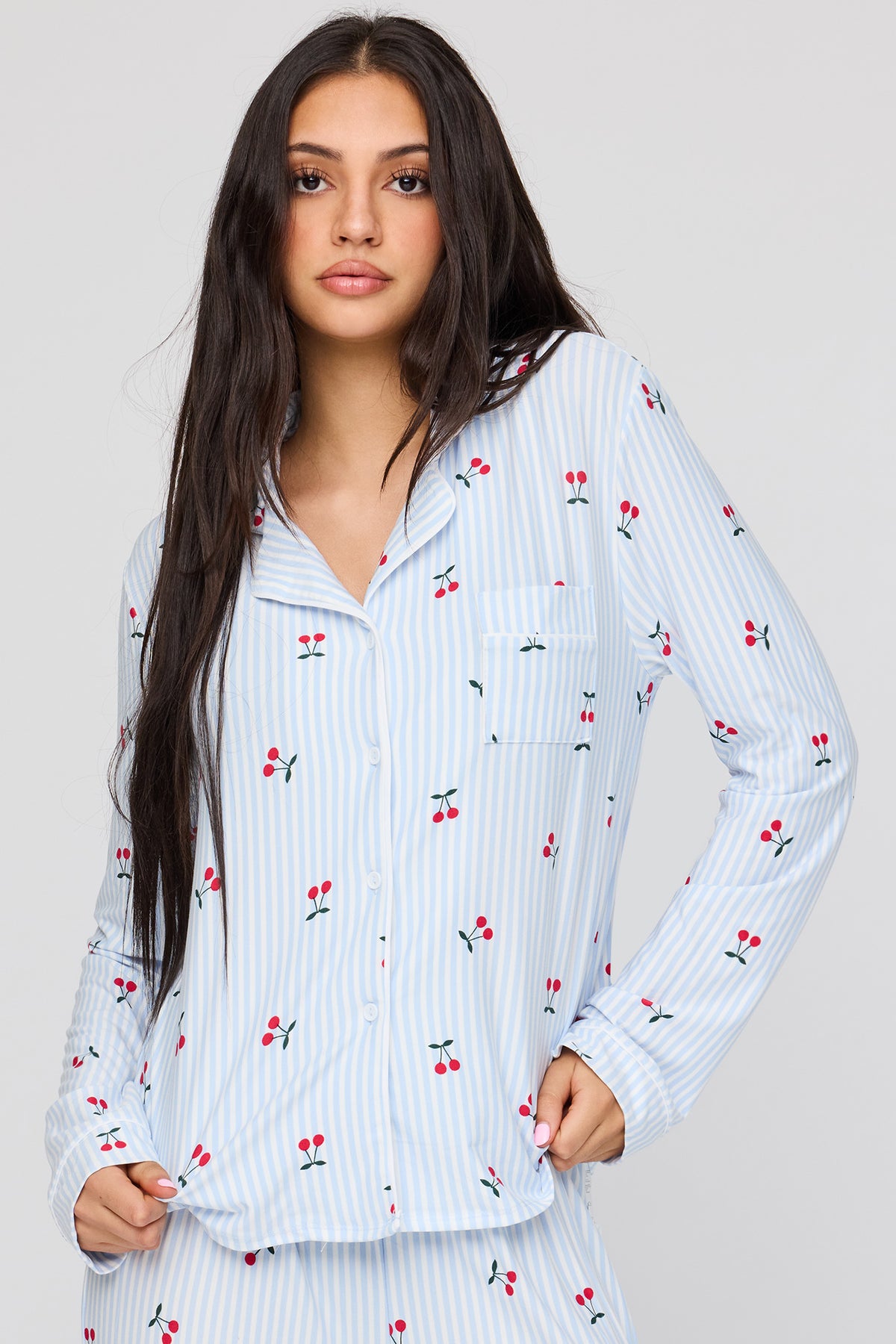 Alt View 2. Long Sleeve Button-Up Top & Pant Pajama Set - Light Blue