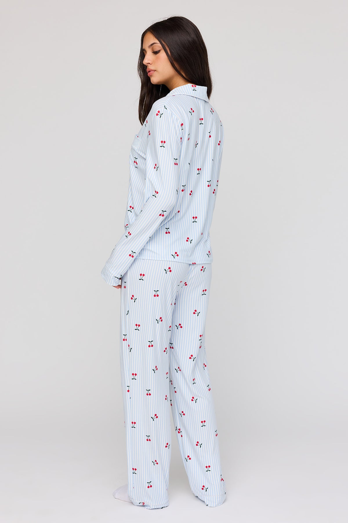 Alt View 4. Long Sleeve Button-Up Top & Pant Pajama Set - Light Blue
