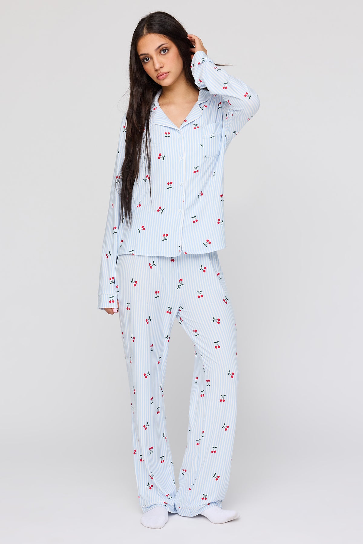 Long Sleeve Button-Up Top & Pant Pajama Set - Light Blue