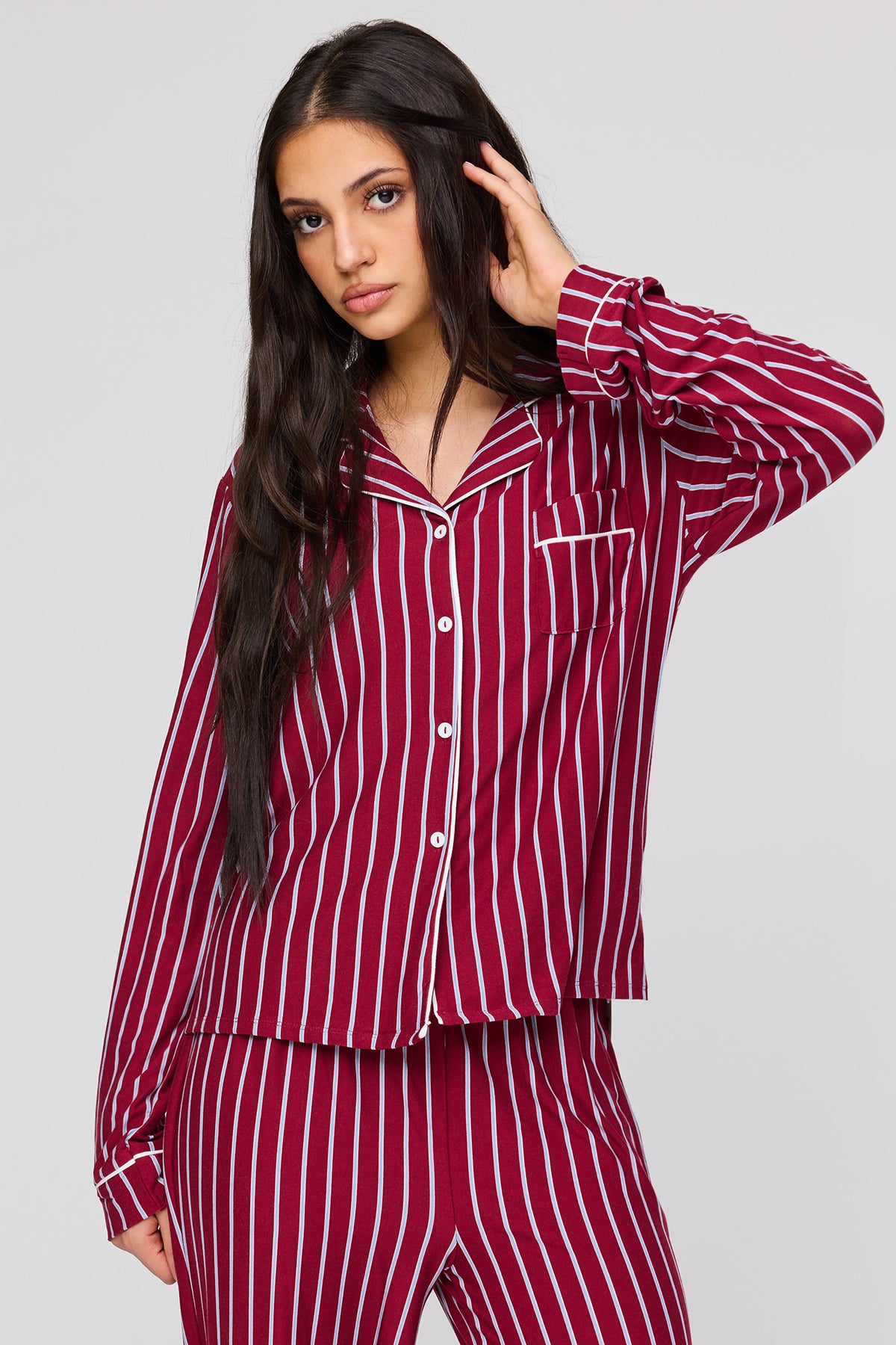 Alt View 2. Long Sleeve Button-Up Top & Pant Pajama Set - Dark Red