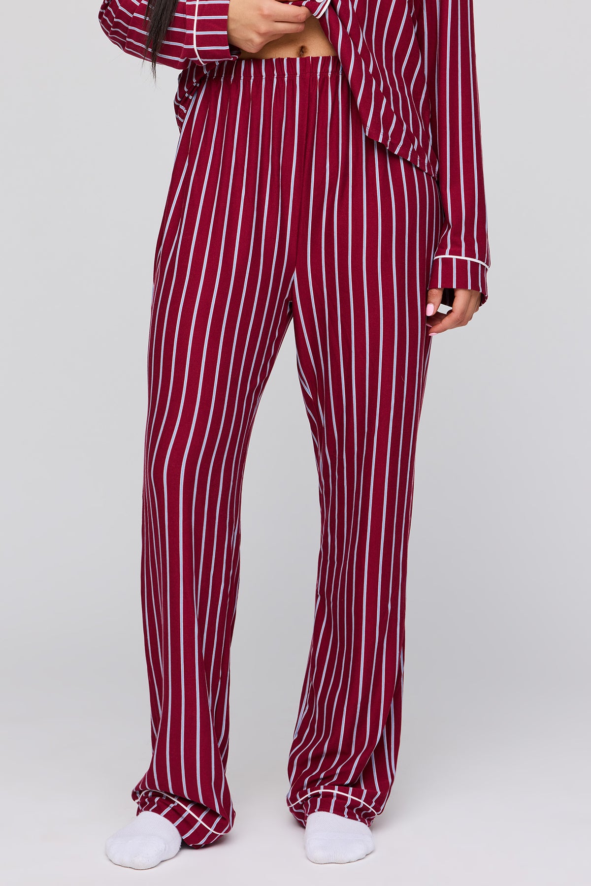 Alt View 3. Long Sleeve Button-Up Top & Pant Pajama Set - Dark Red