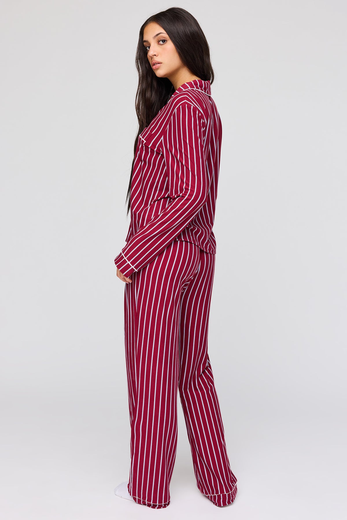 Alt View 4. Long Sleeve Button-Up Top & Pant Pajama Set - Dark Red